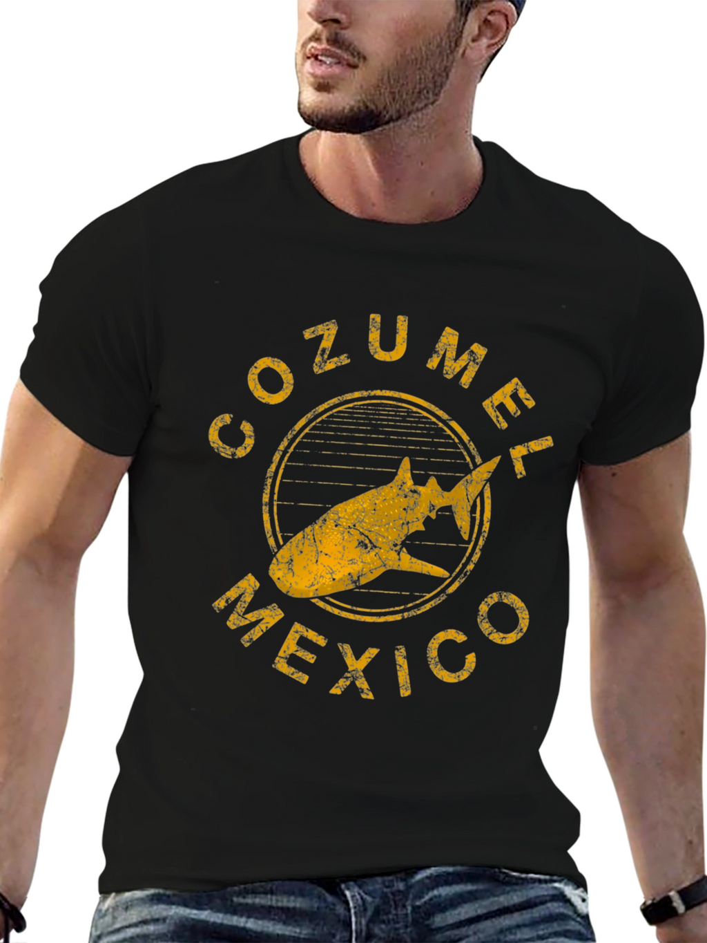 Cozumel Mexico Shark Graphic Tee - Distressed Black