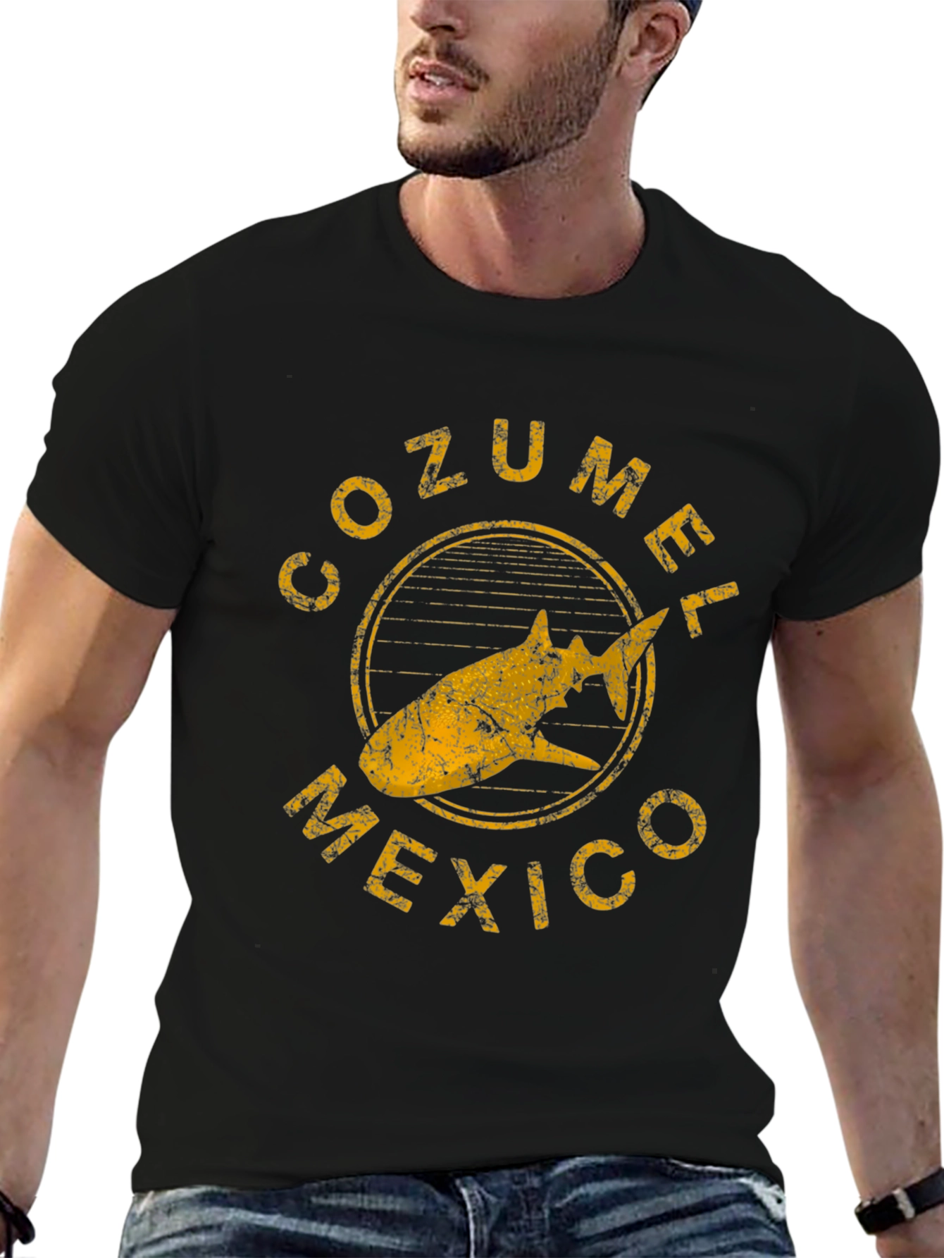 Cozumel Mexico Shark Graphic Tee - Distressed Black
