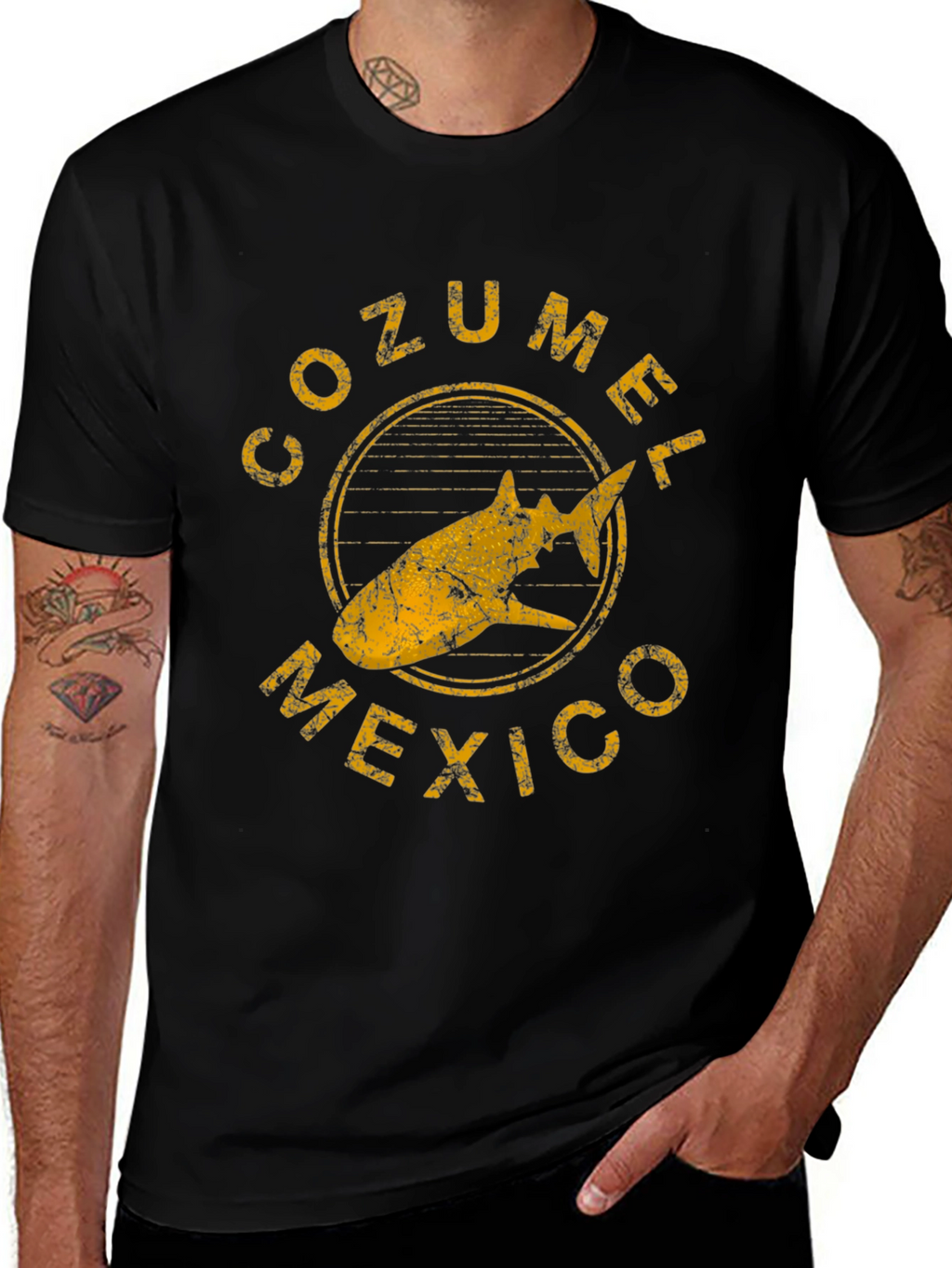 Cozumel Mexico Shark Graphic Tee - Distressed Black