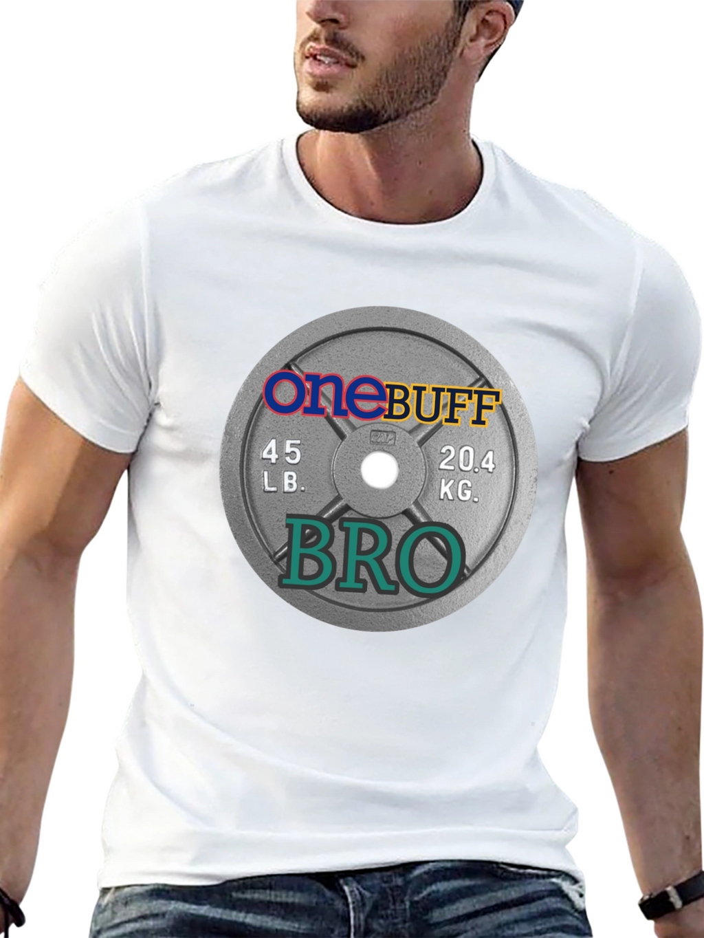 One Buff Bro T-Shirt - Gym Weight Plate Design