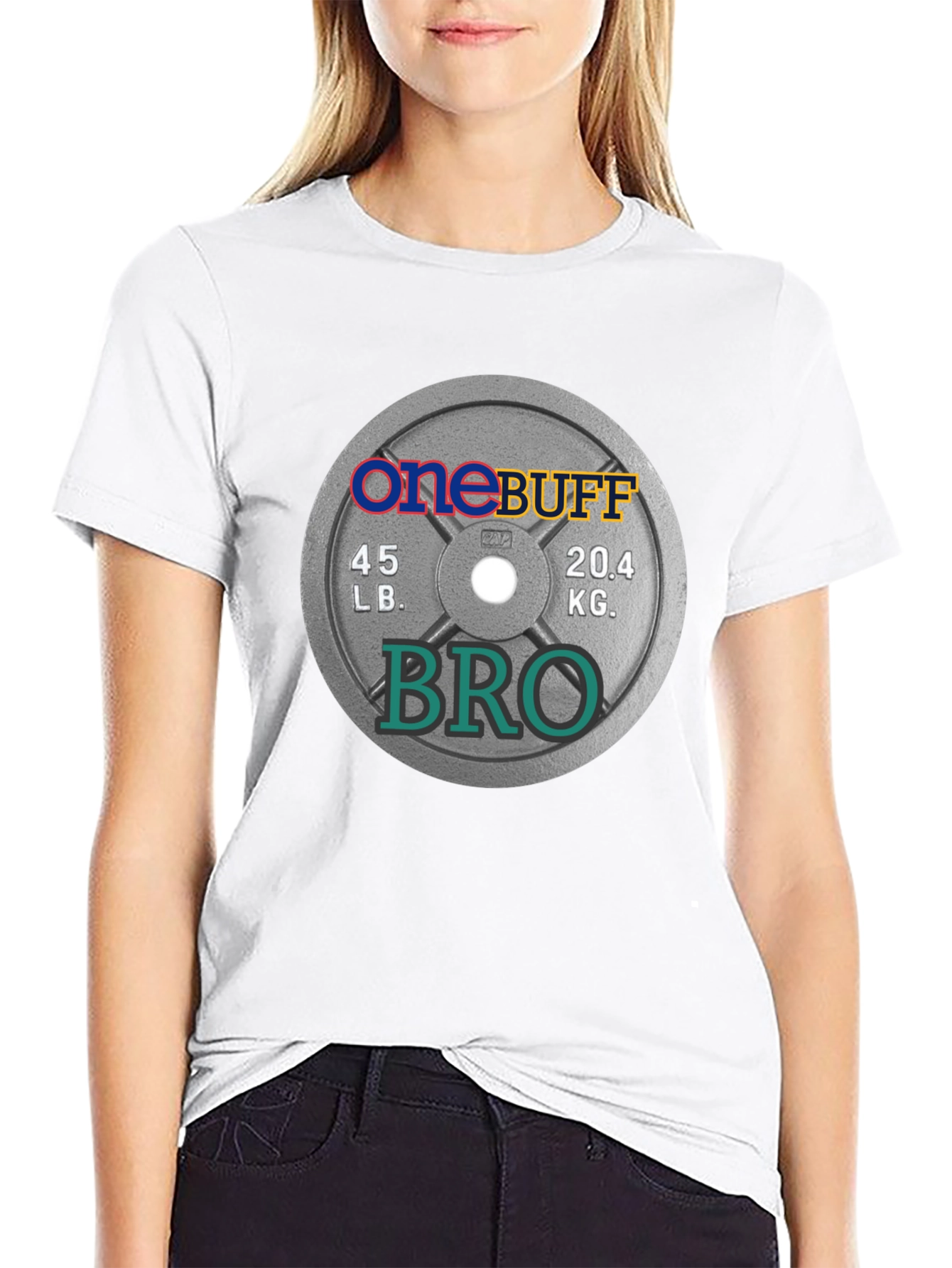 One Buff Bro T-Shirt - Gym Weight Plate Design