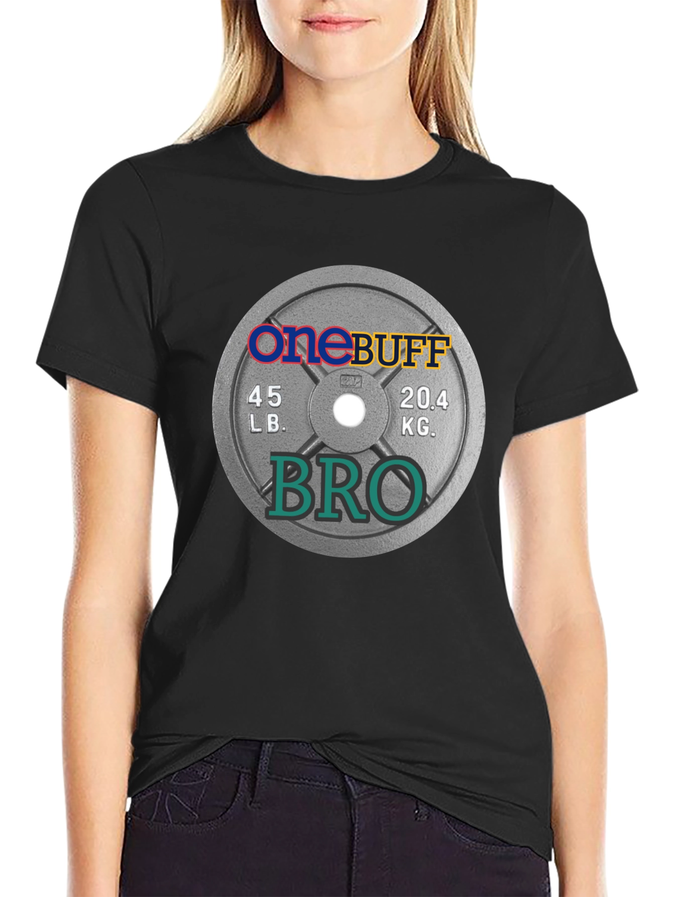 One Buff Bro T-Shirt - Gym Weight Plate Design