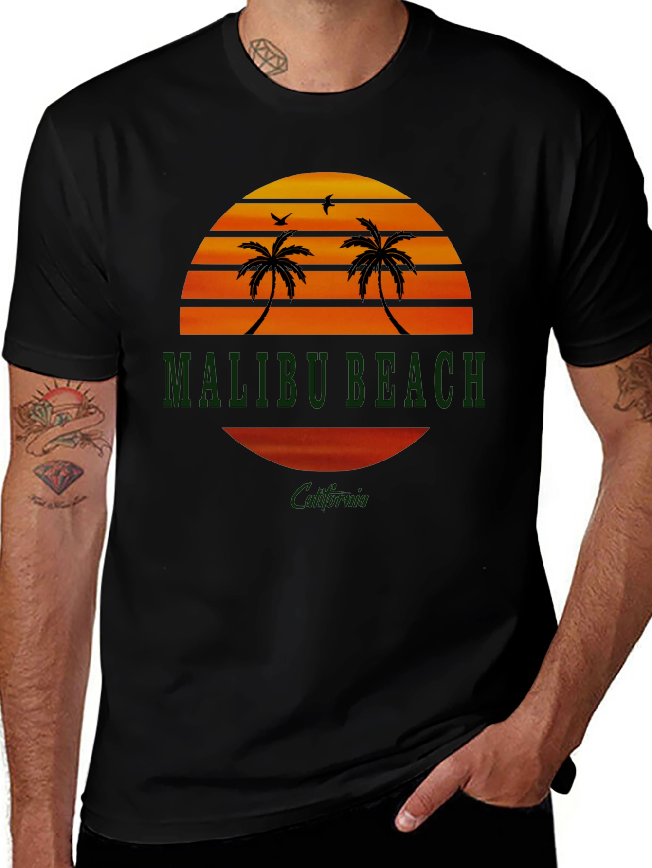 Malibu Beach California T-Shirt Sunset Palm Tree Graphic Tee