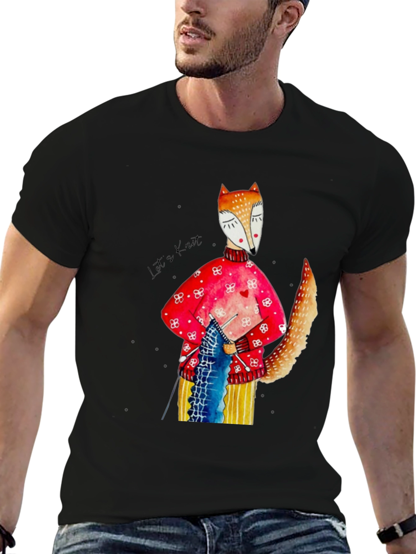 Fox Knitting Graphic Tee - Unique Artistic Design