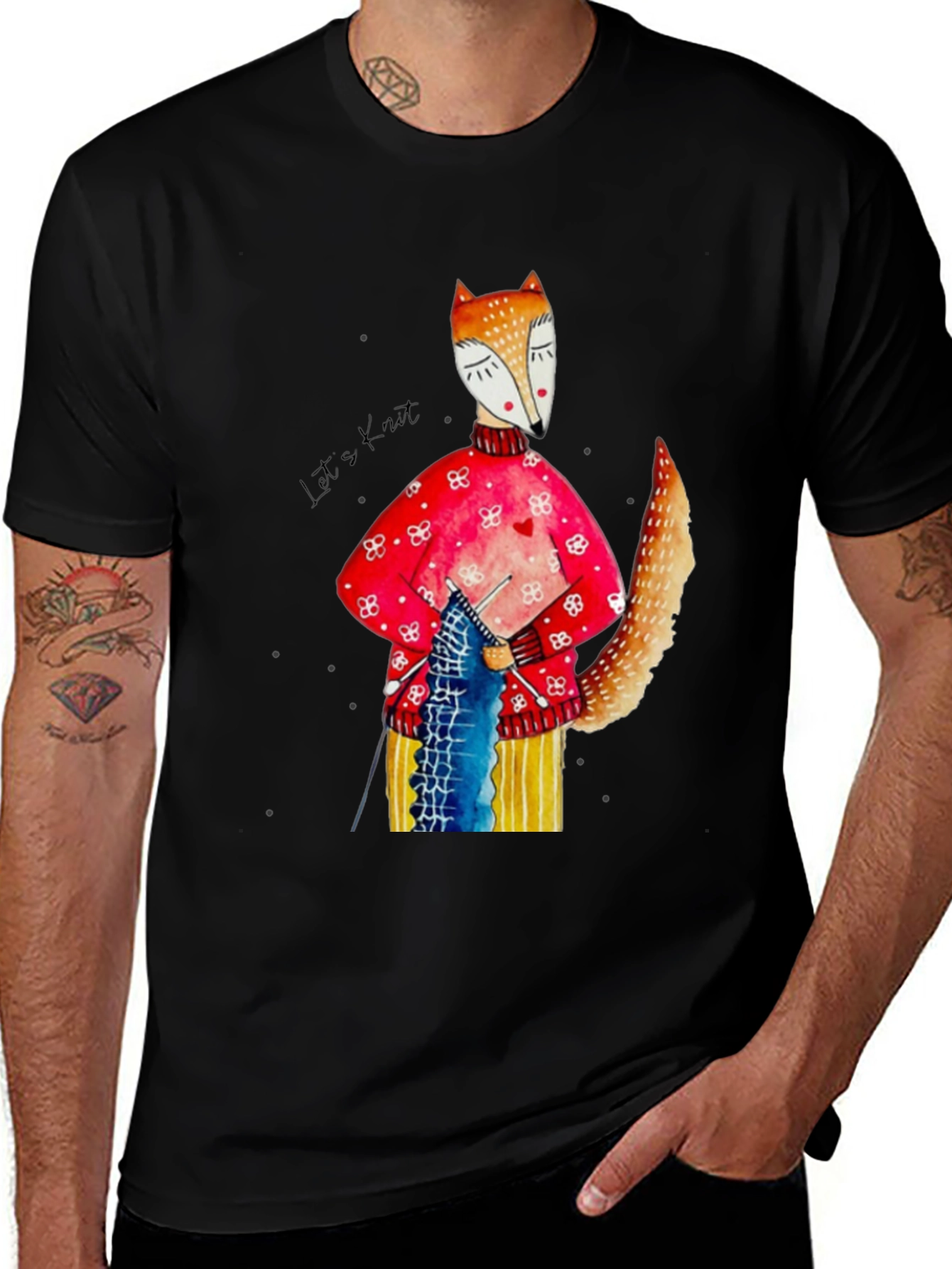 Fox Knitting Graphic Tee - Unique Artistic Design