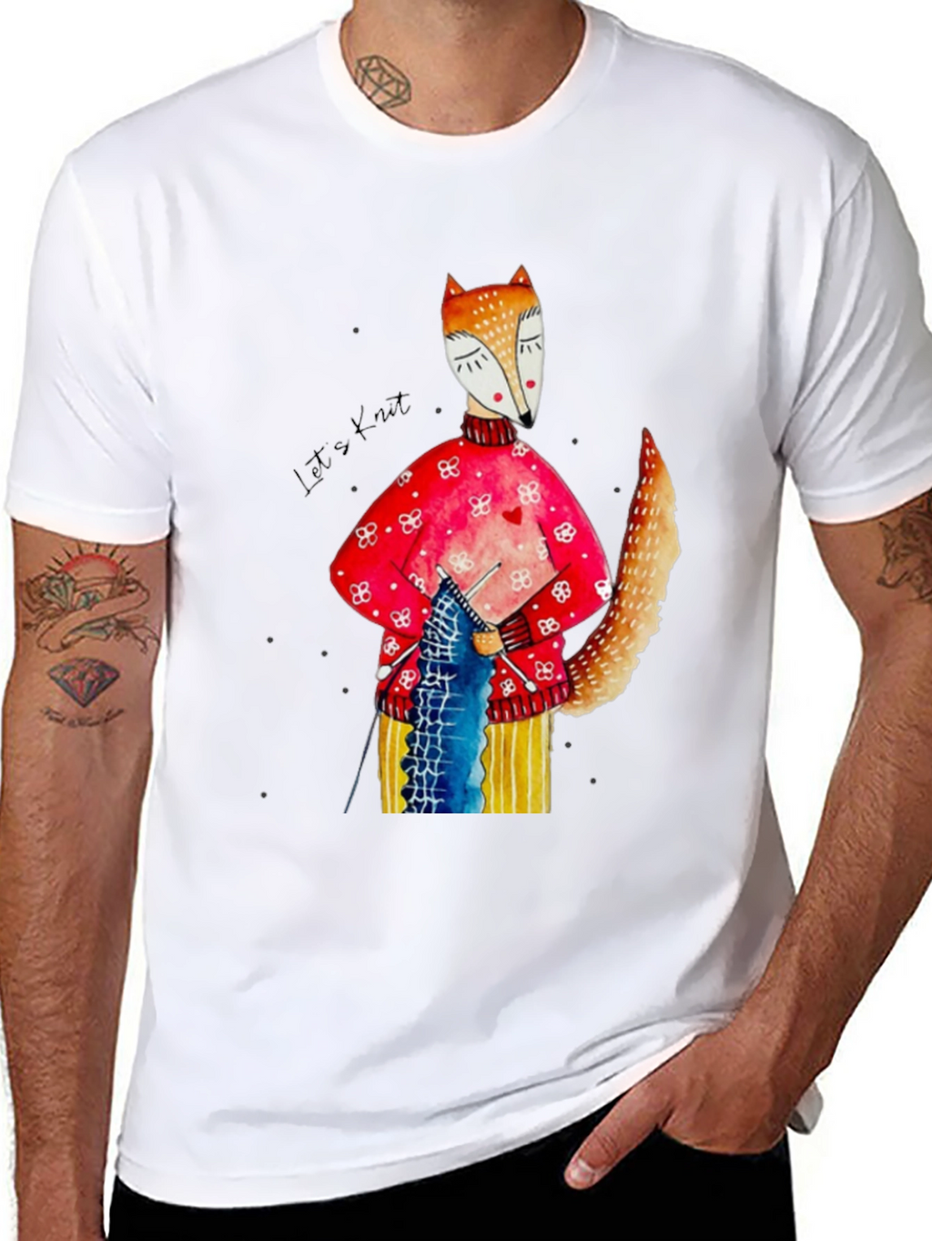 Fox Knitting Graphic Tee - Unique Artistic Design