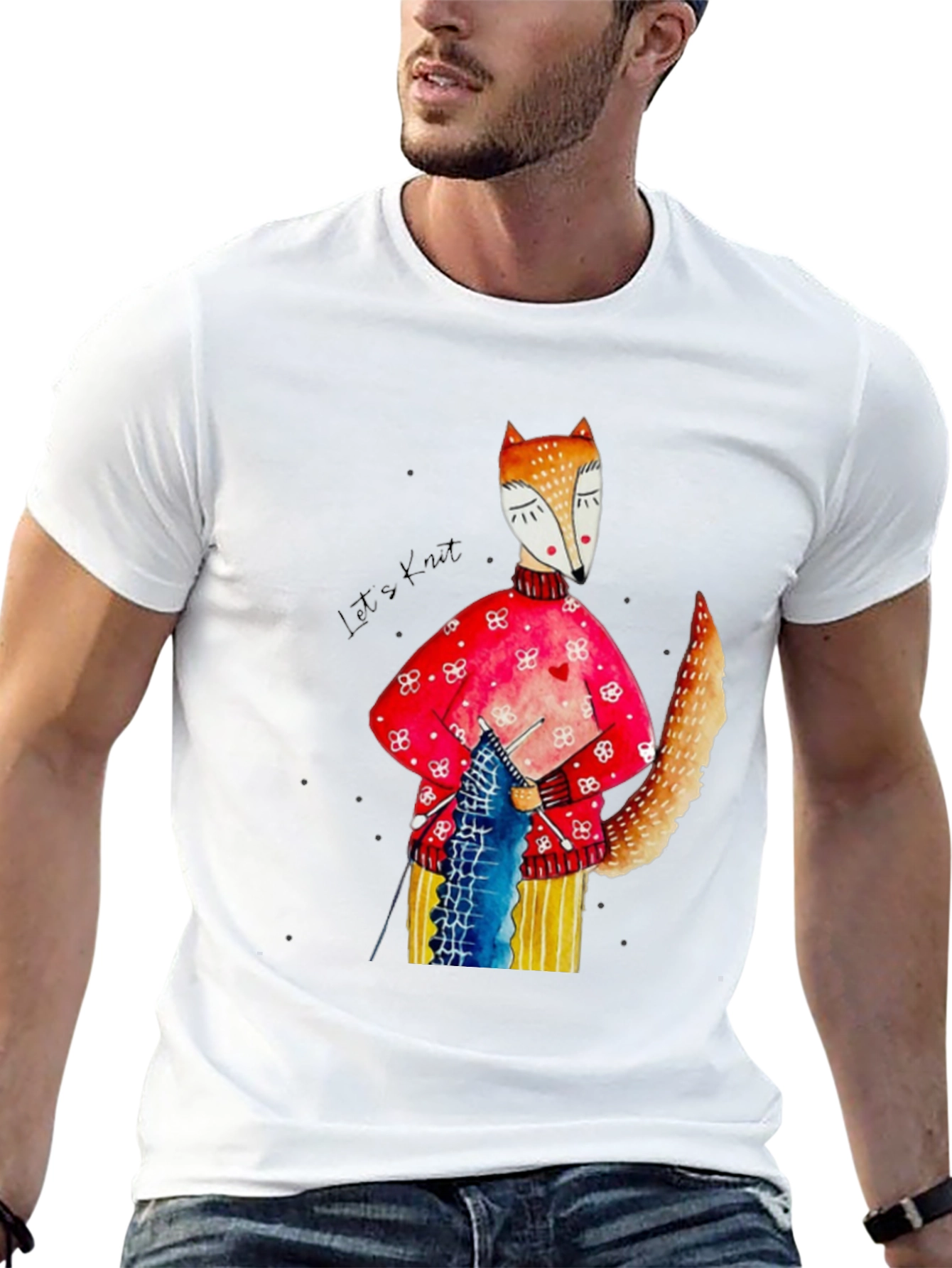 Fox Knitting Graphic Tee - Unique Artistic Design