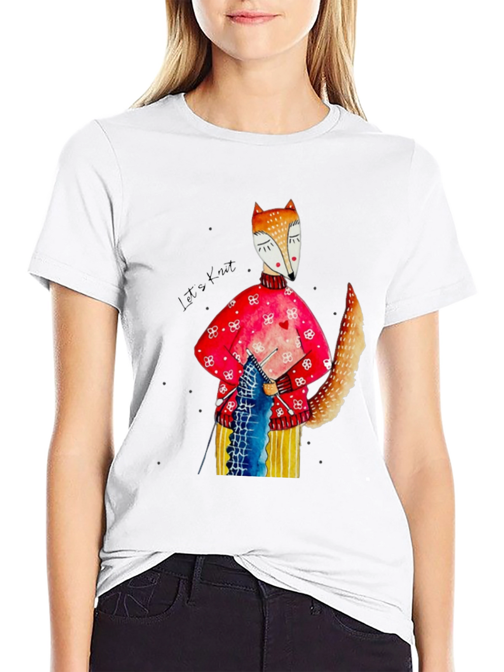 Fox Knitting Graphic Tee - Unique Artistic Design