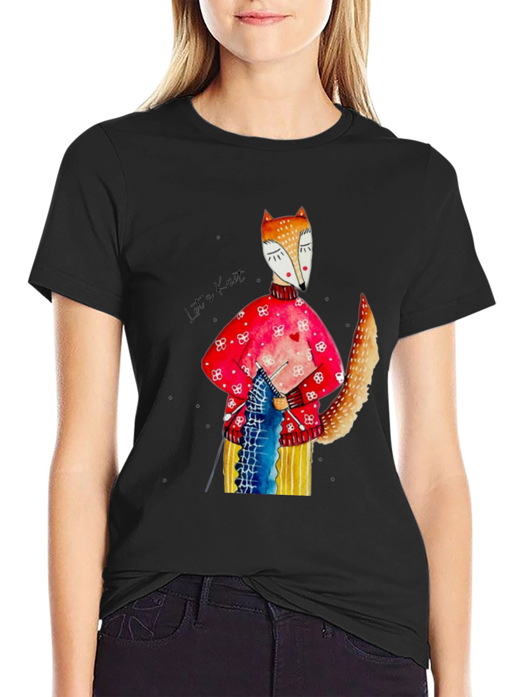 Fox Knitting Graphic Tee - Unique Artistic Design