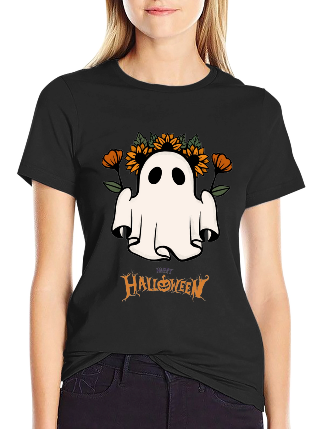 Halloween Ghost & Sunflower Graphic Tee