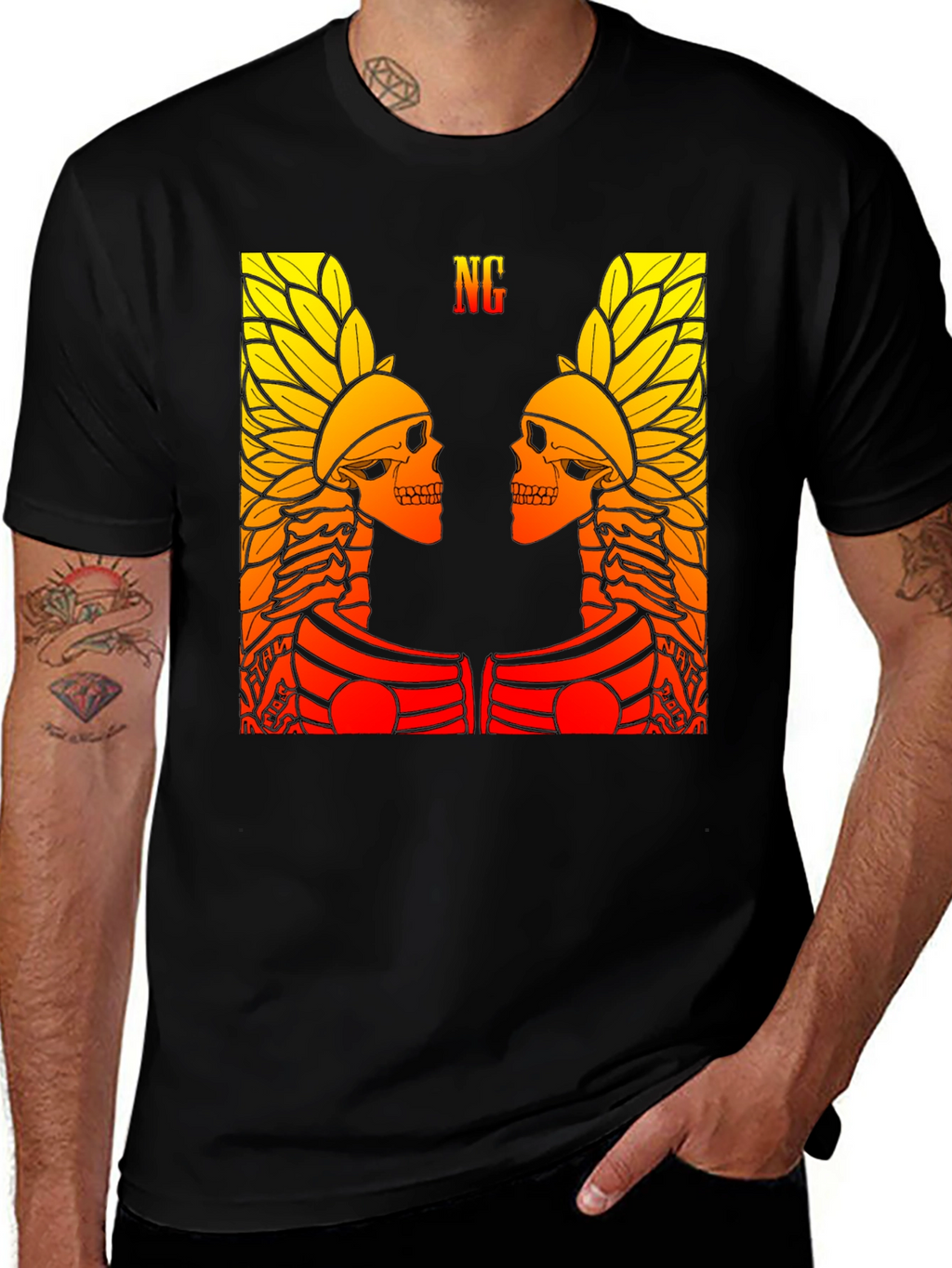 Graphic Tee - Twin Skull Headdress Design - Black