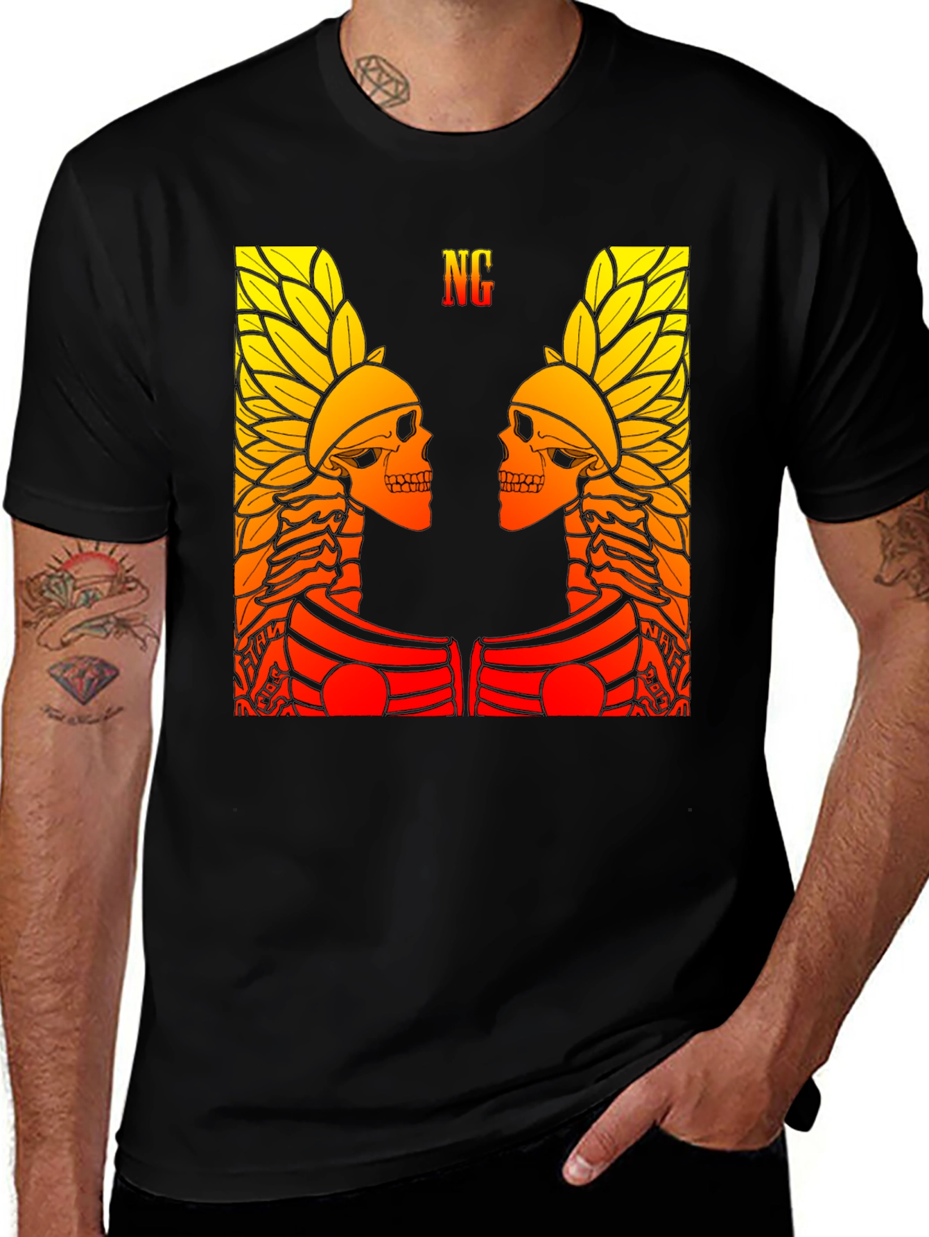 Graphic Tee - Twin Skull Headdress Design - Black