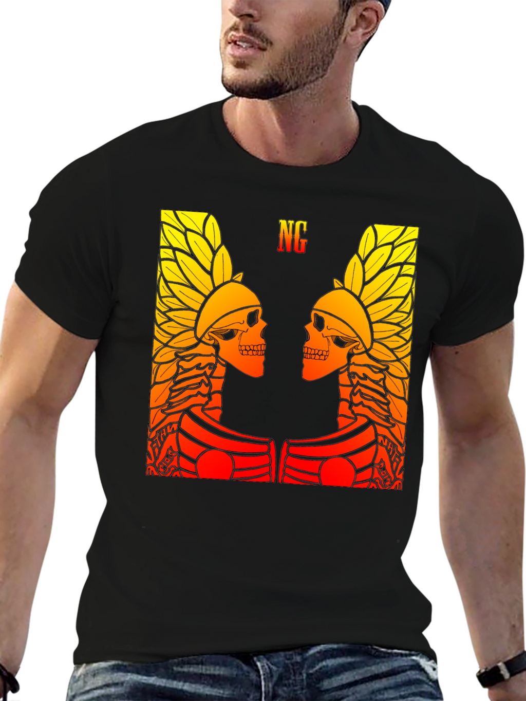 Graphic Tee - Twin Skull Headdress Design - Black