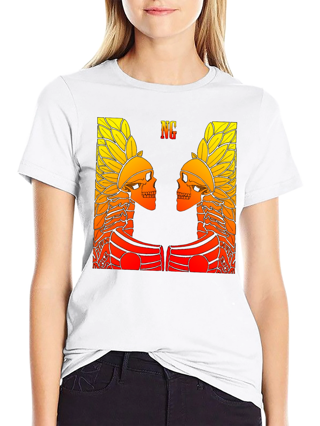Graphic Tee - Twin Skull Headdress Design - Black