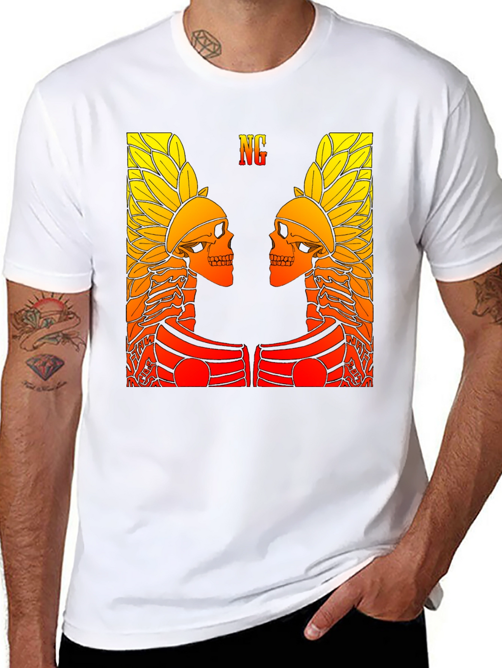 Graphic Tee - Twin Skull Headdress Design - Black