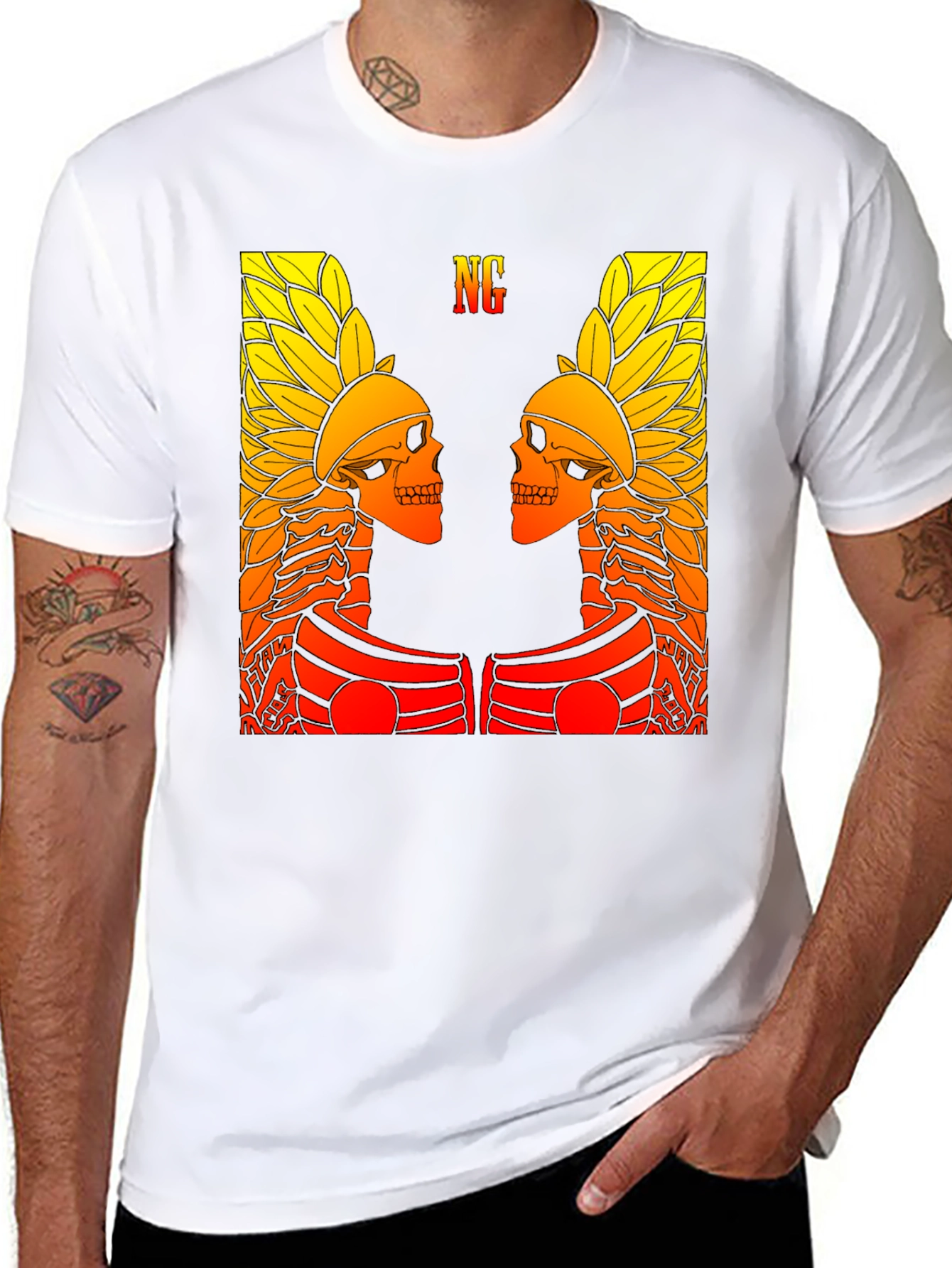 Graphic Tee - Twin Skull Headdress Design - Black