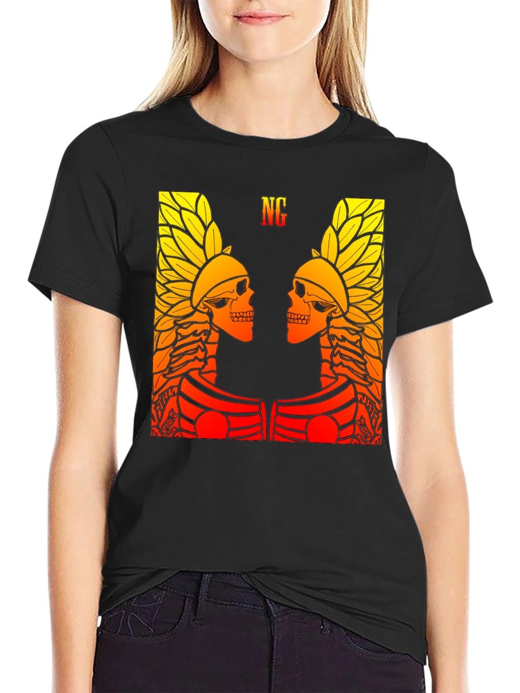Graphic Tee - Twin Skull Headdress Design - Black