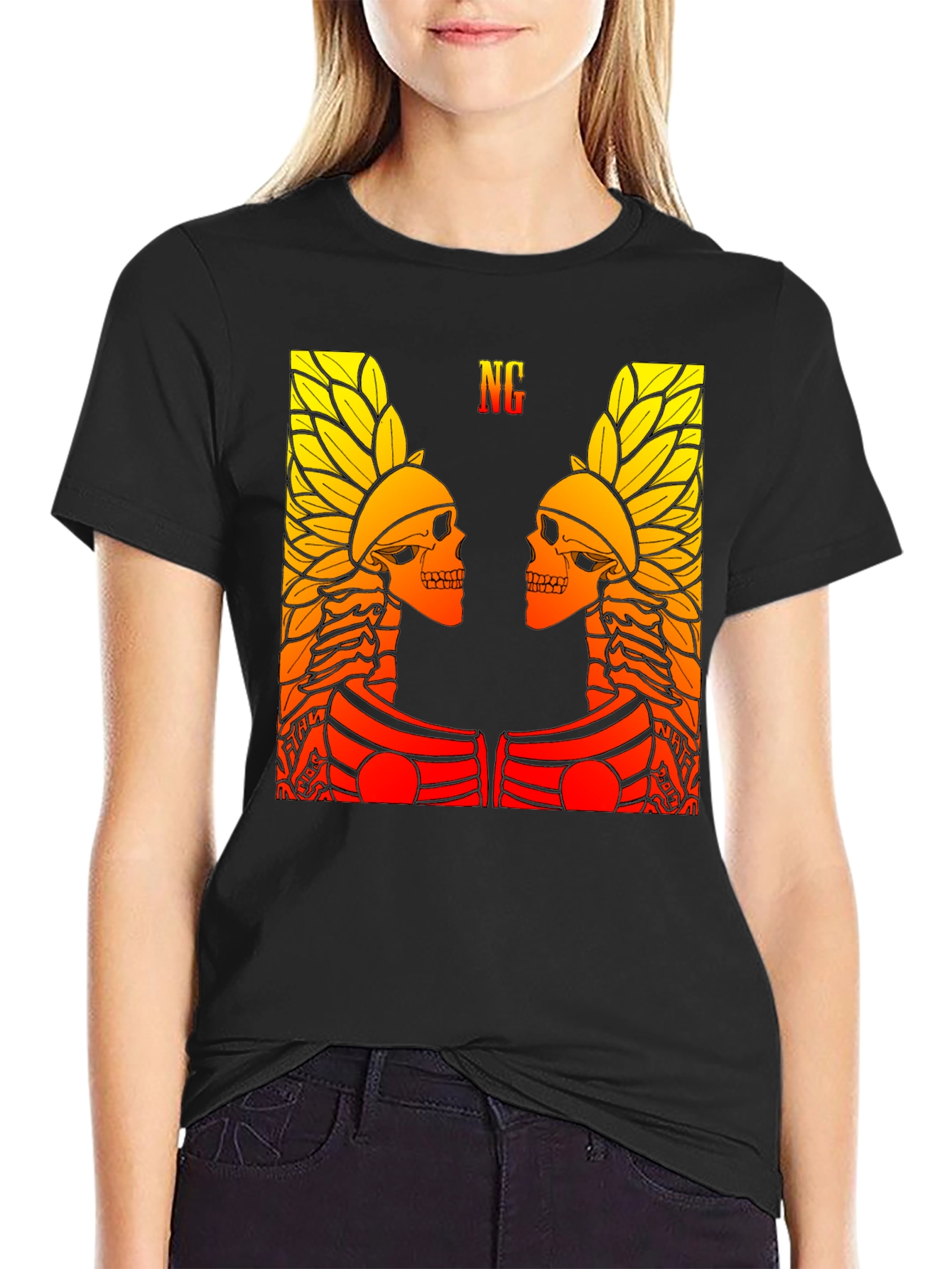 Graphic Tee - Twin Skull Headdress Design - Black