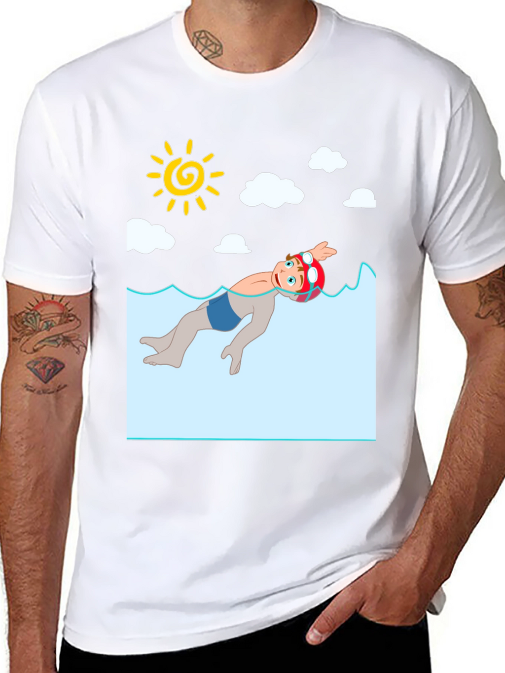Cartoon Swimmer Graphic Tee - Black