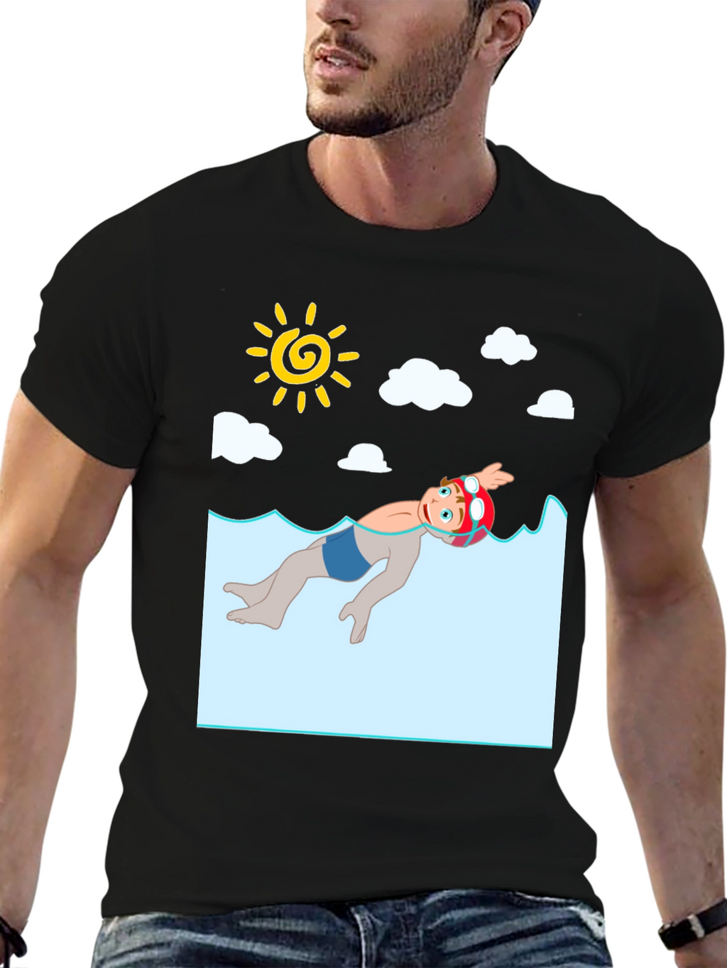 Cartoon Swimmer Graphic Tee - Black