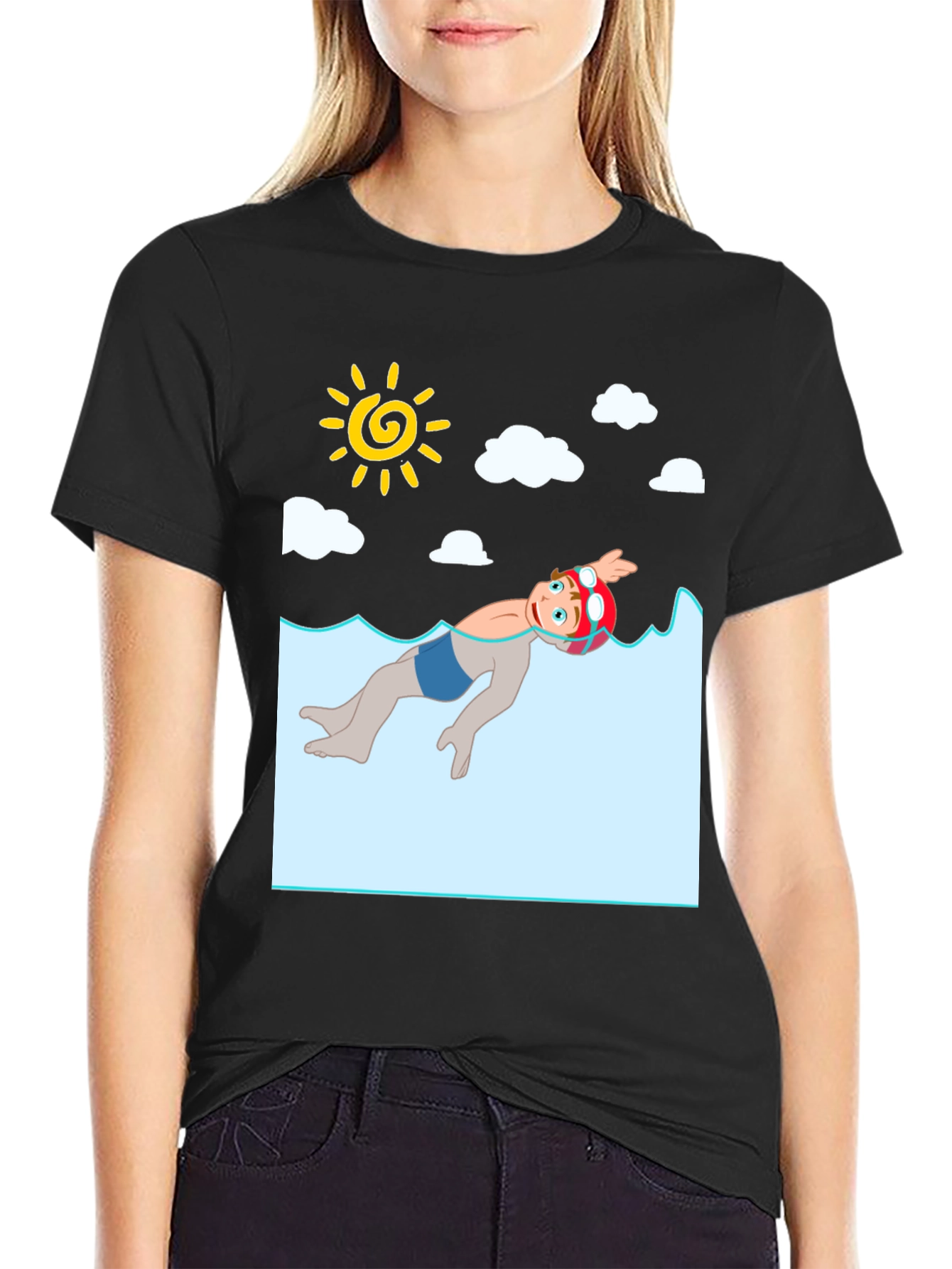 Cartoon Swimmer Graphic Tee - Black
