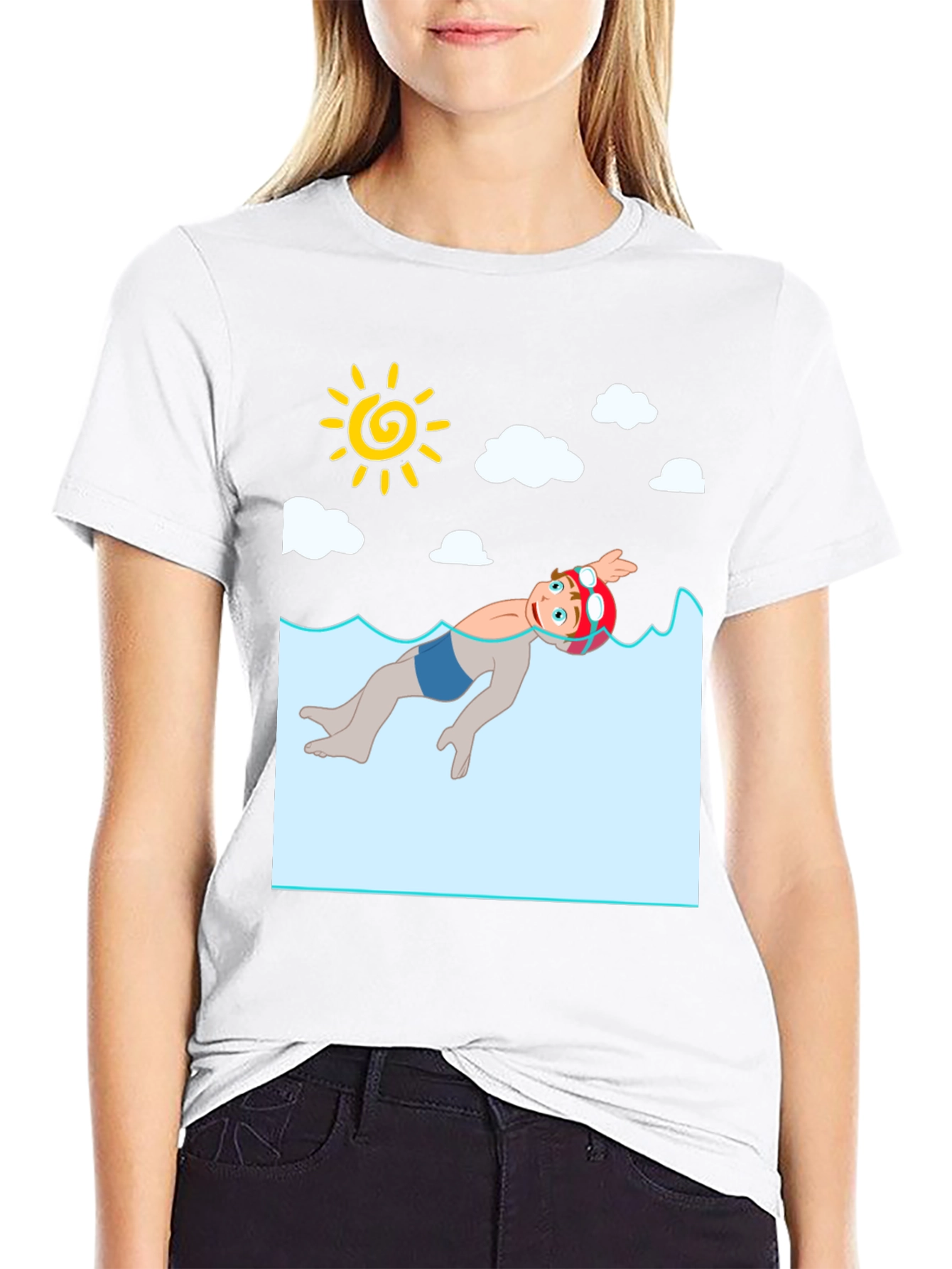 Cartoon Swimmer Graphic Tee - Black
