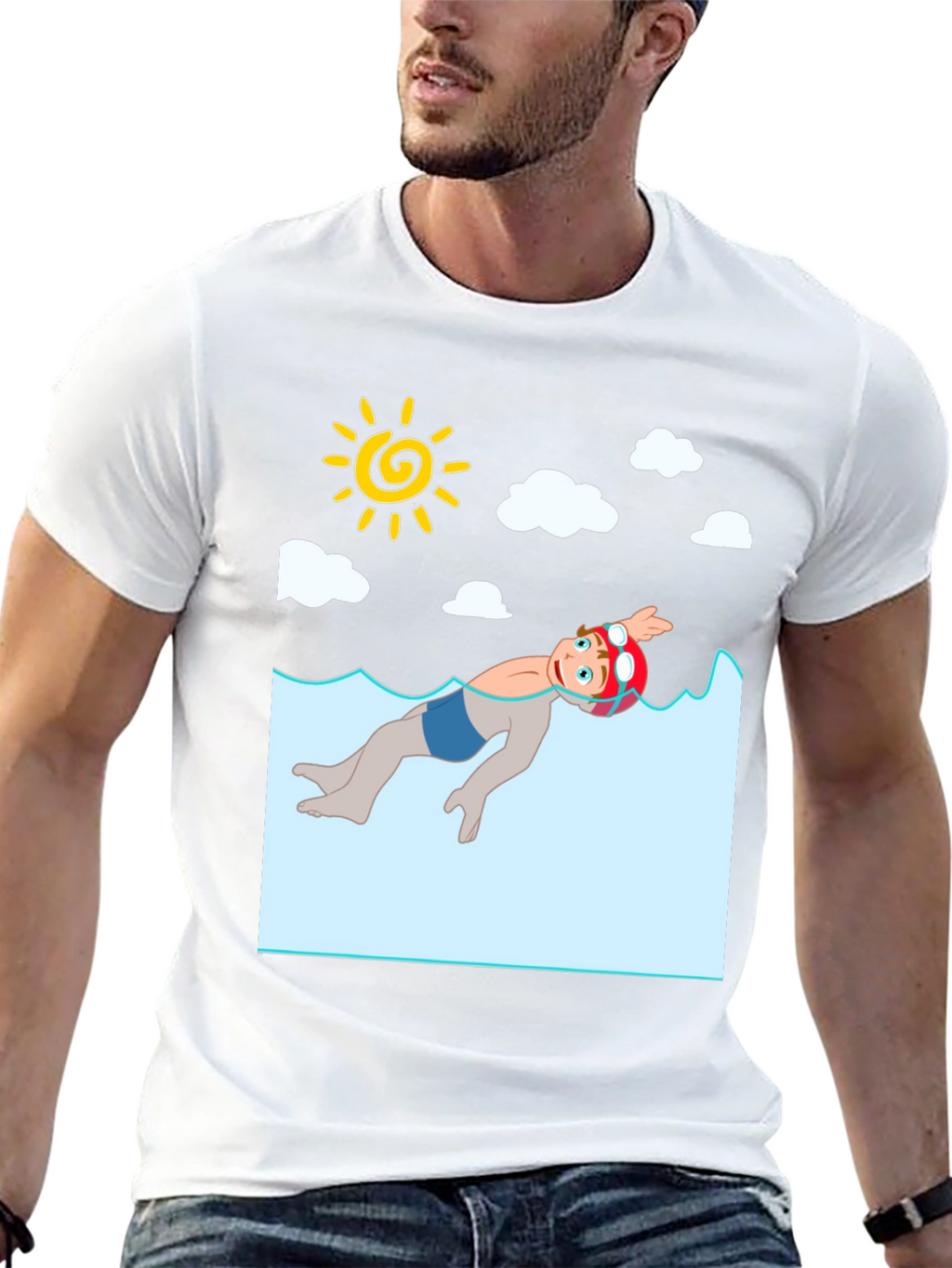 Cartoon Swimmer Graphic Tee - Black