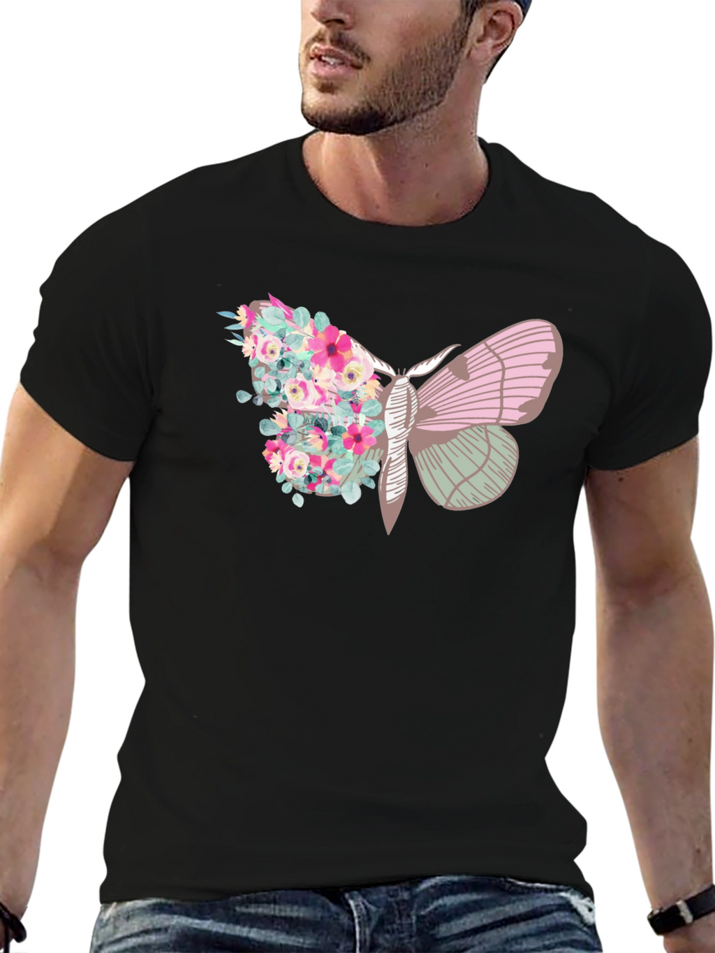 Floral Moth Graphic Tee - Trendy Black T-Shirt