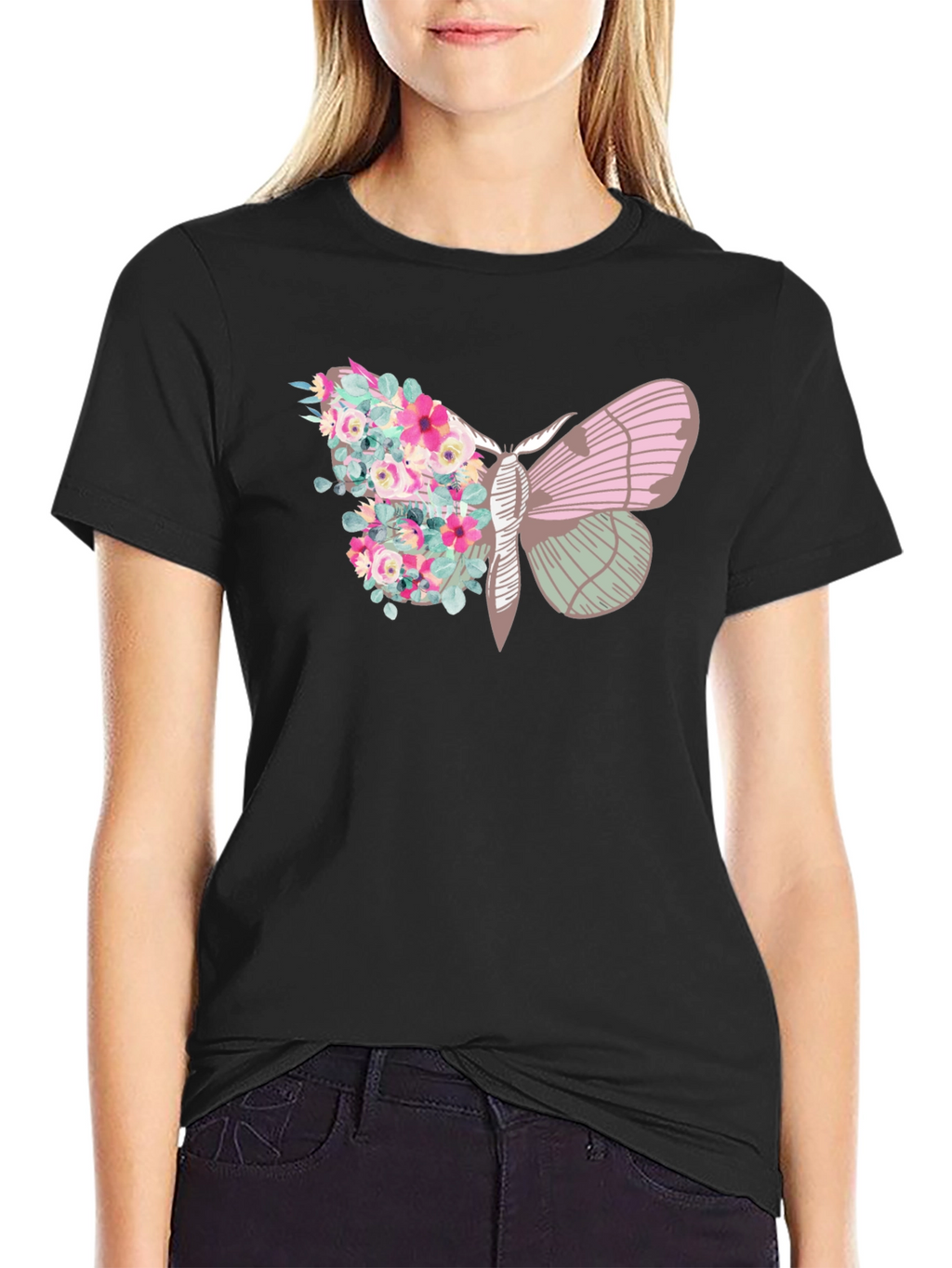 Floral Moth Graphic Tee - Trendy Black T-Shirt