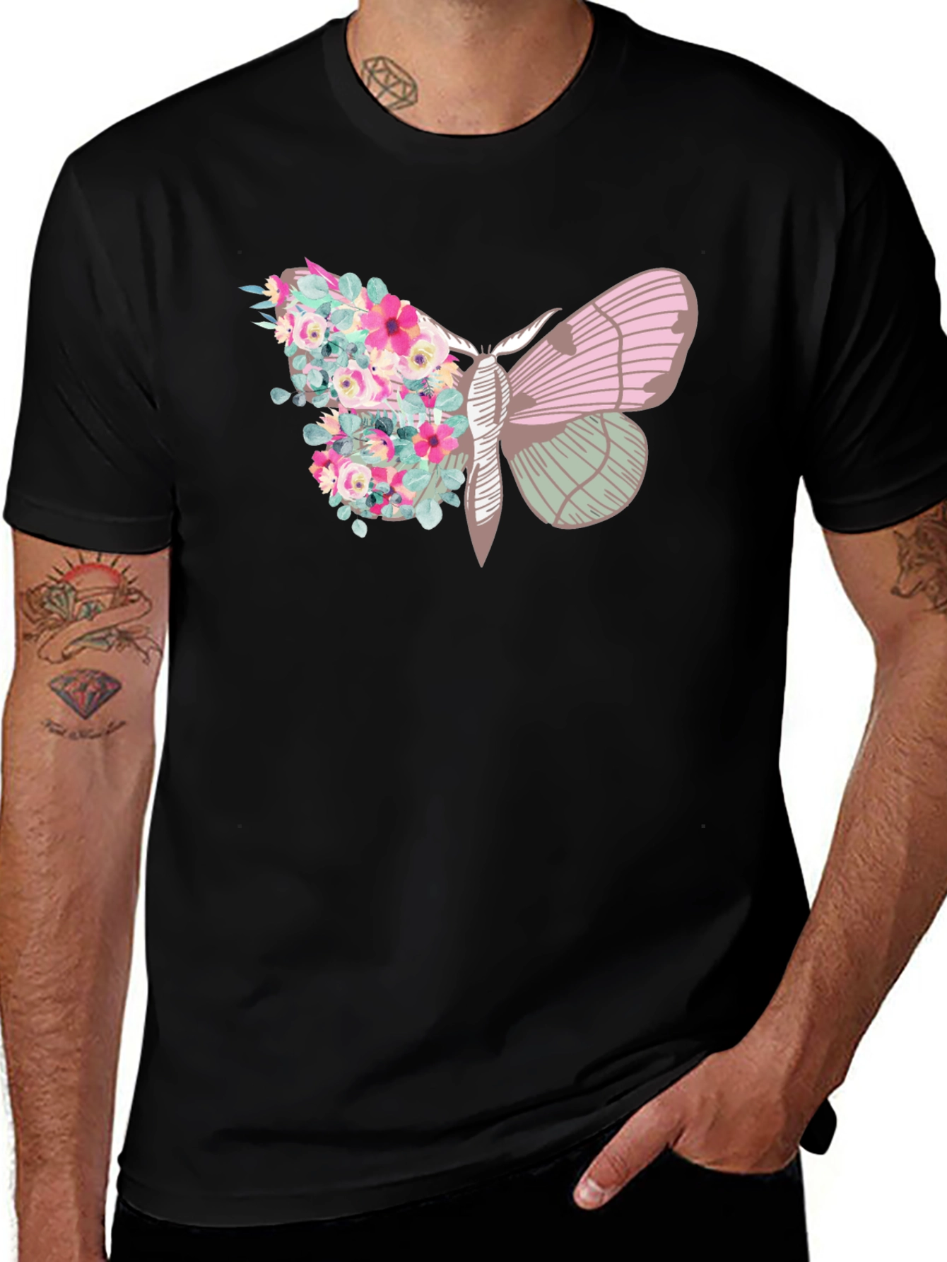 Floral Moth Graphic Tee - Trendy Black T-Shirt