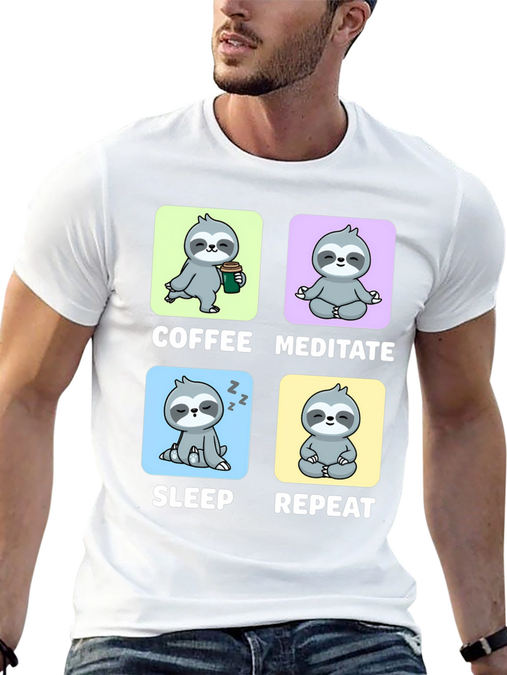 Sloth Coffee Meditate Sleep Repeat Black Graphic Tee