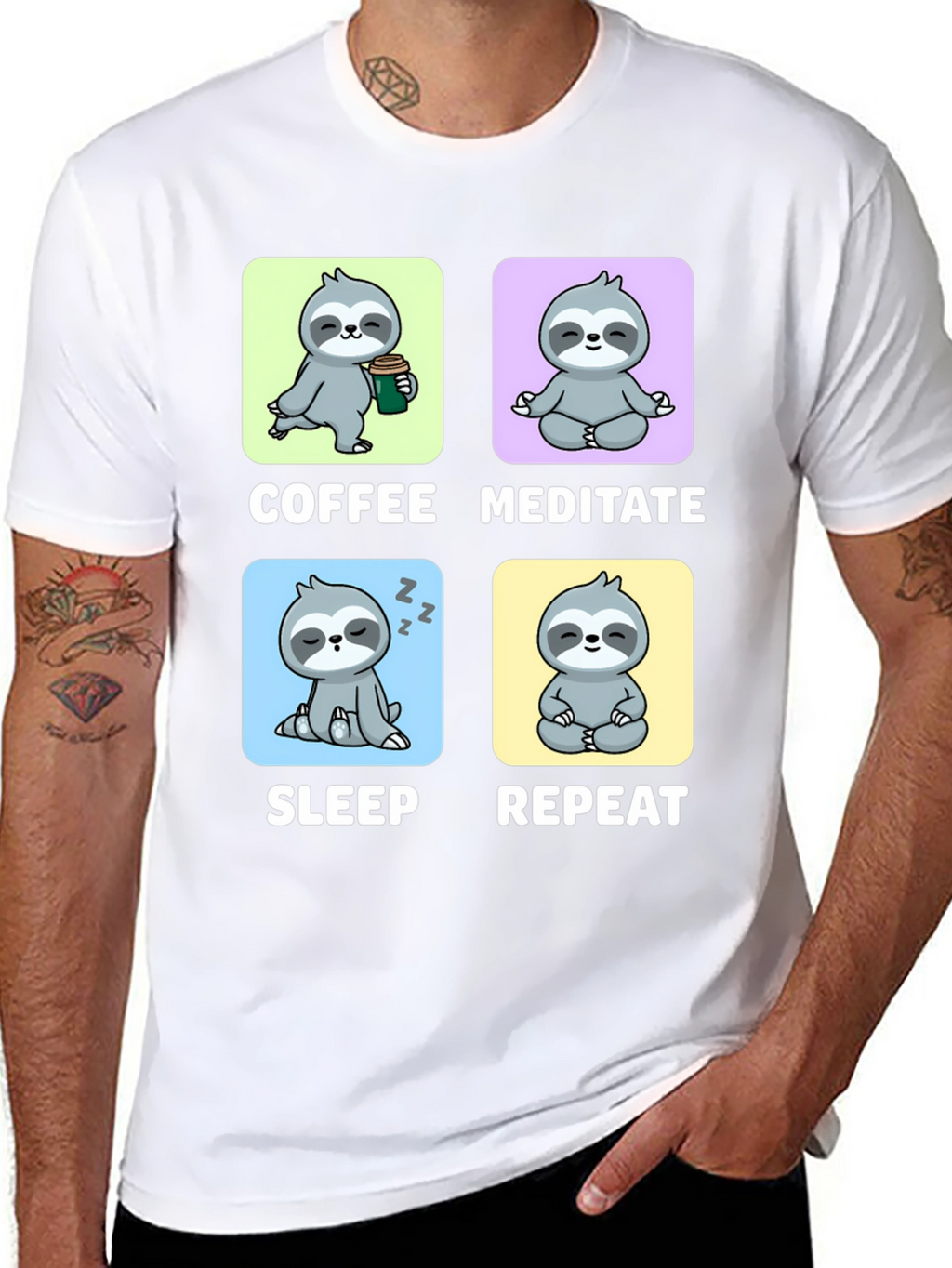 Sloth Coffee Meditate Sleep Repeat Black Graphic Tee