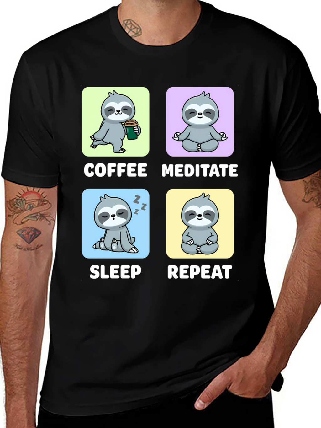 Sloth Coffee Meditate Sleep Repeat Black Graphic Tee