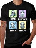 Sloth Coffee Meditate Sleep Repeat Black Graphic Tee