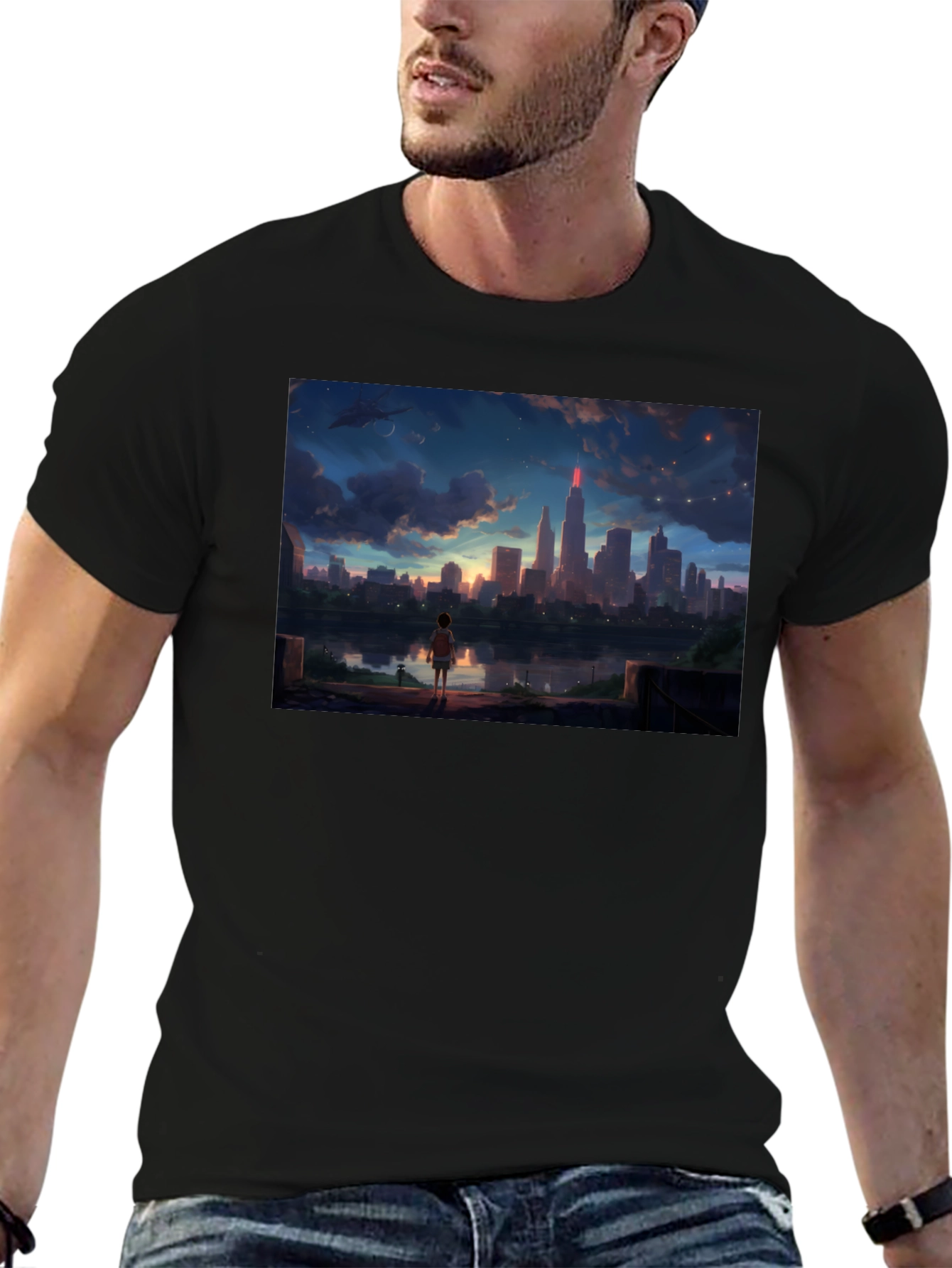 Anime Cityscape T-Shirt - Black Graphic Tee