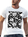 Elegant Floral Print Black T-Shirt