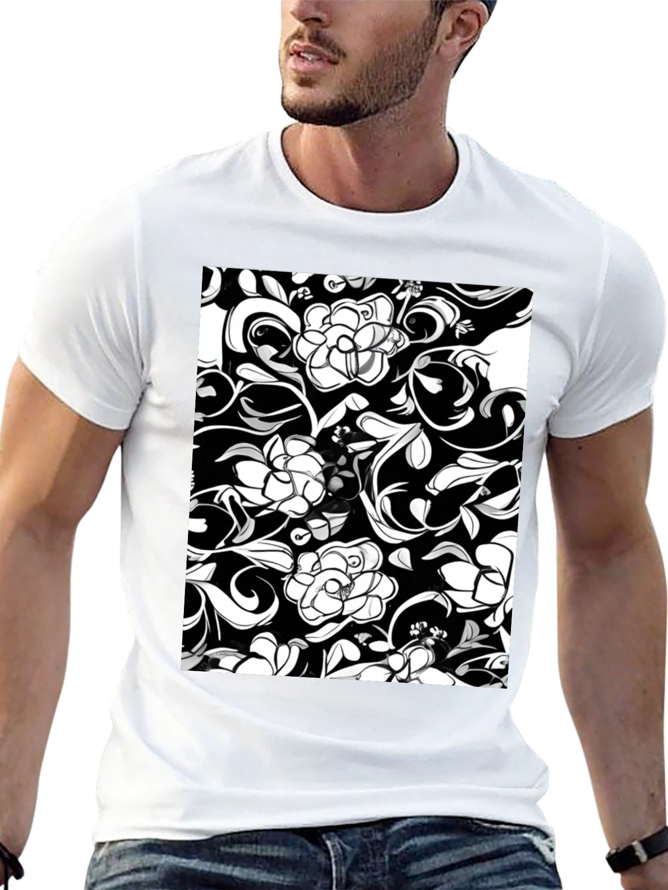 Elegant Floral Print Black T-Shirt