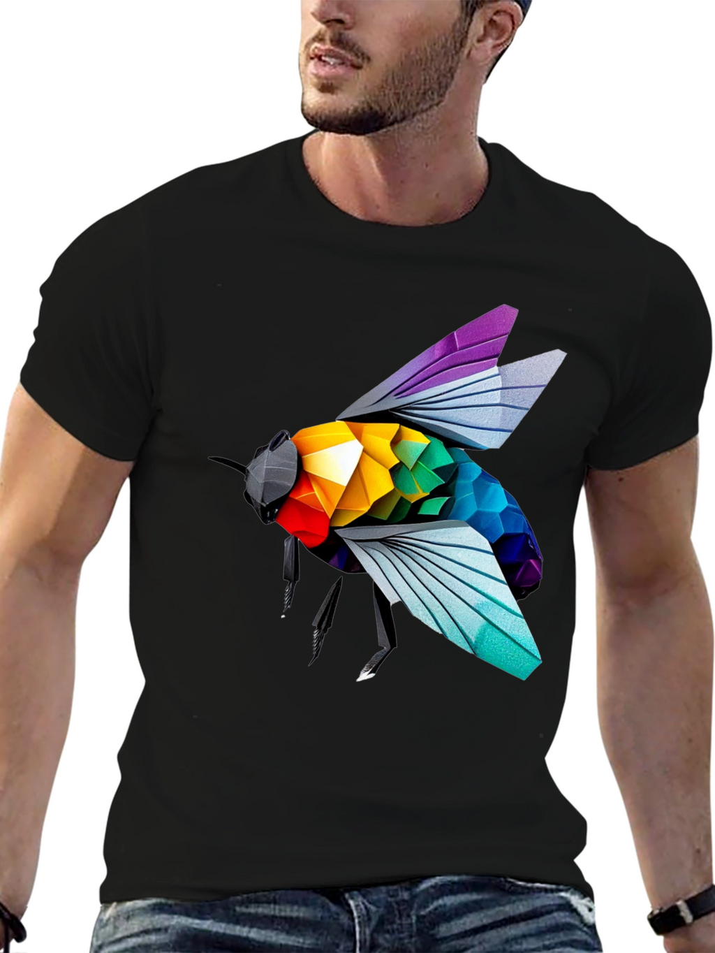 Rainbow Bee Graphic T-Shirt - Stylish Black Tee
