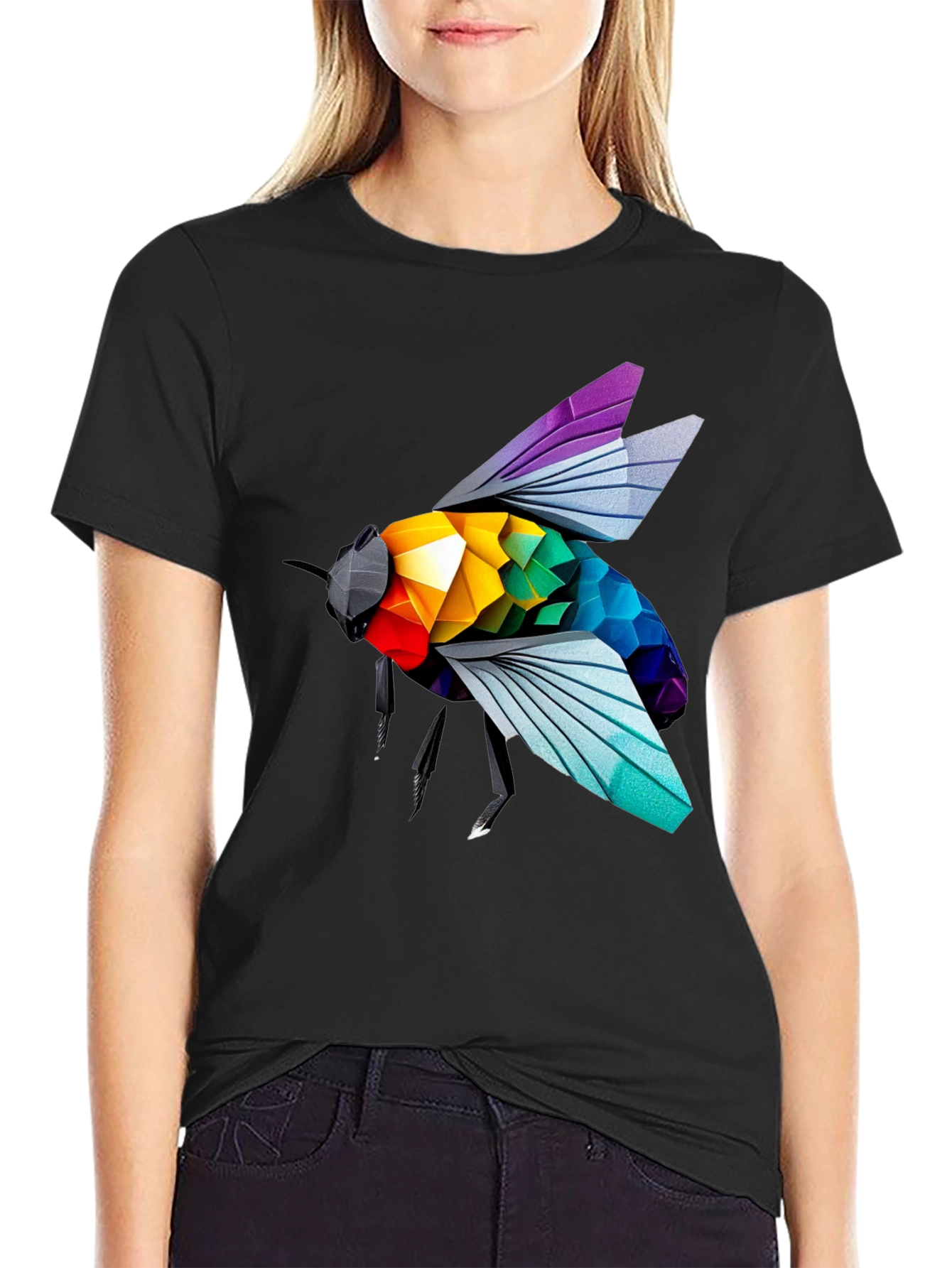 Rainbow Bee Graphic T-Shirt - Stylish Black Tee
