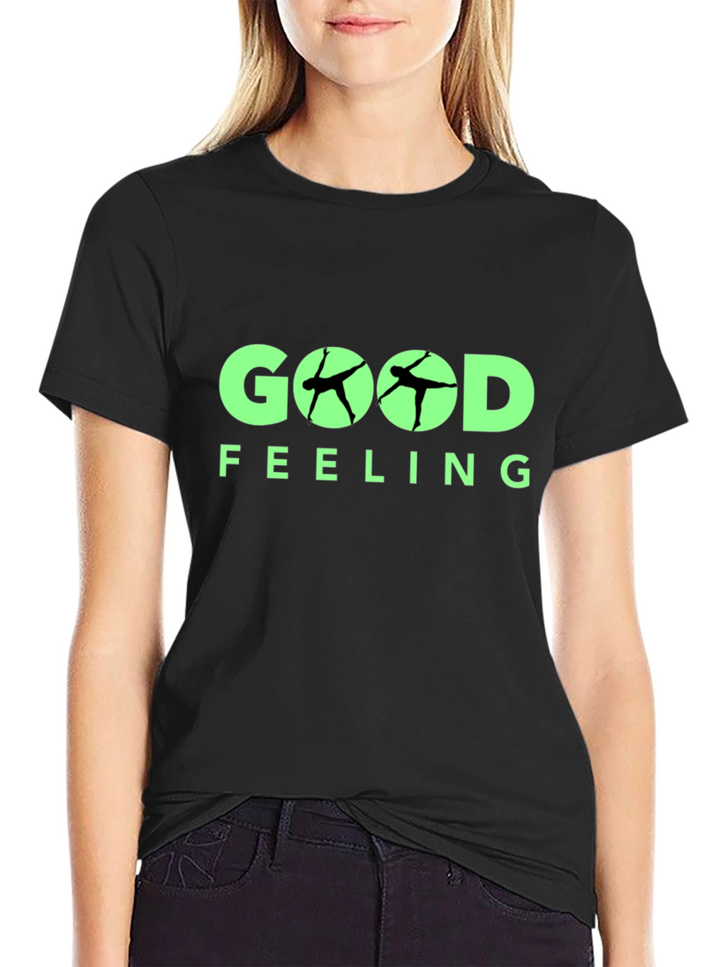 Good Feeling Black T-Shirt With Yoga Silhouette Design
