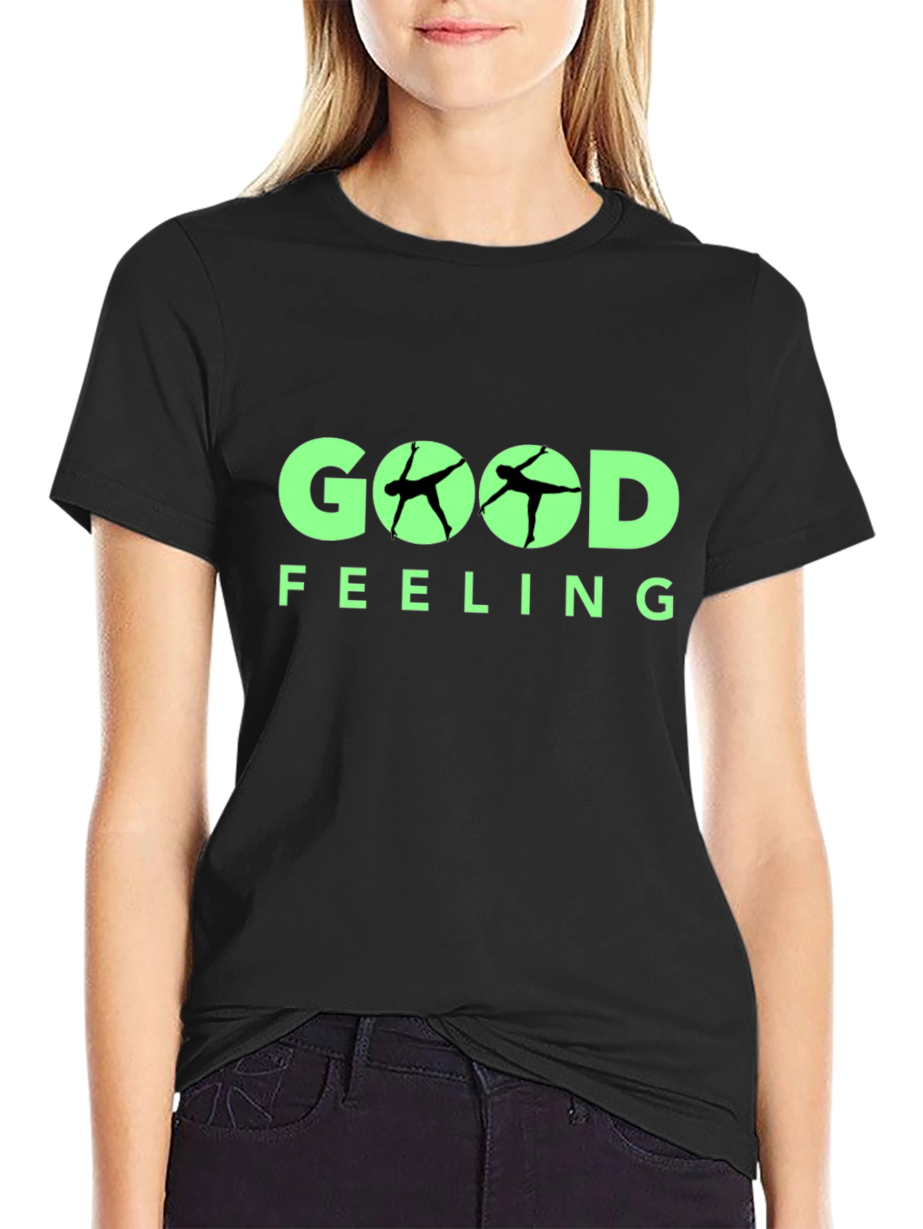 Good Feeling Black T-Shirt With Yoga Silhouette Design