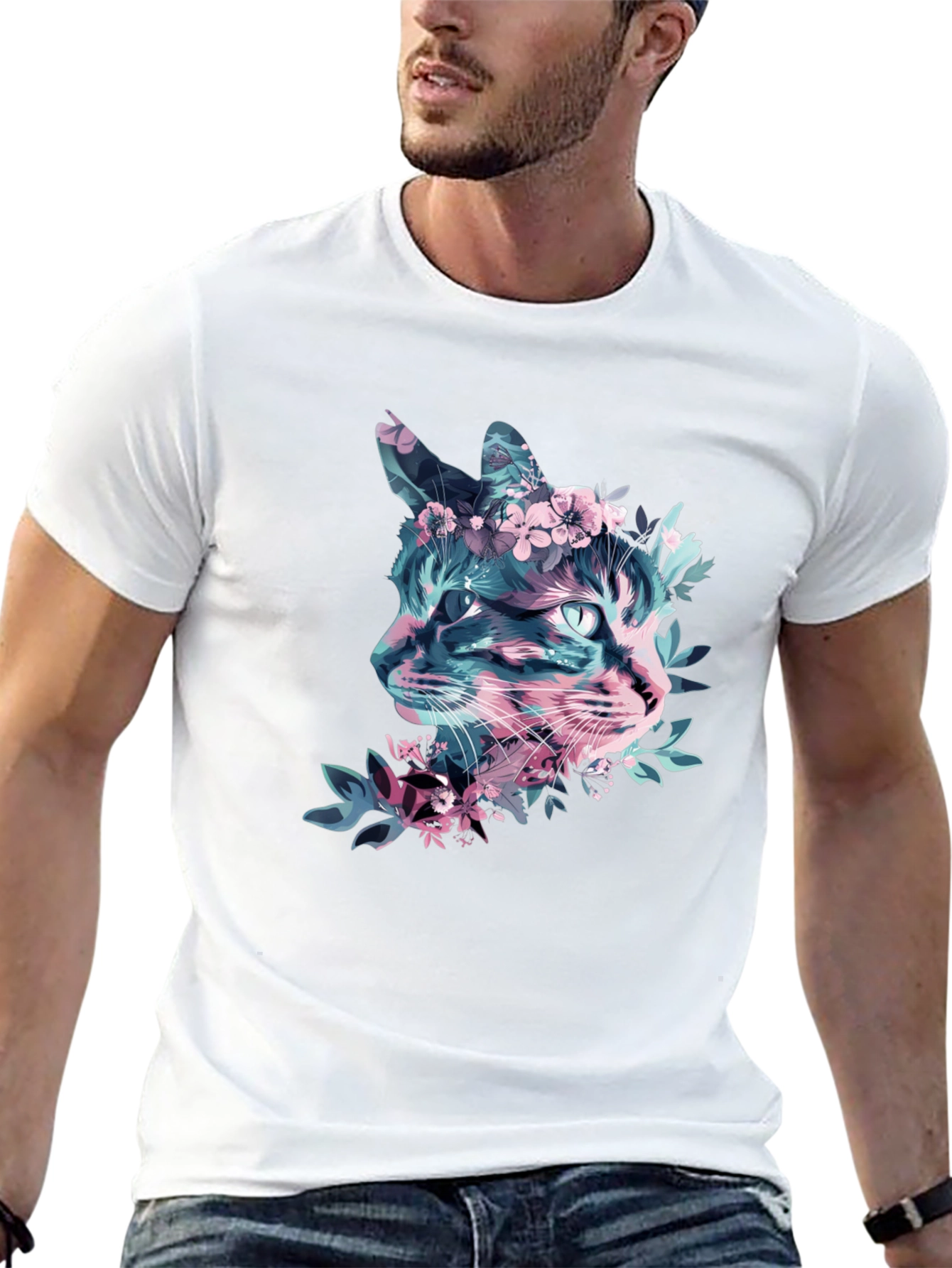Floral Cat Graphic Tee - Stylish Mens Black T-Shirt