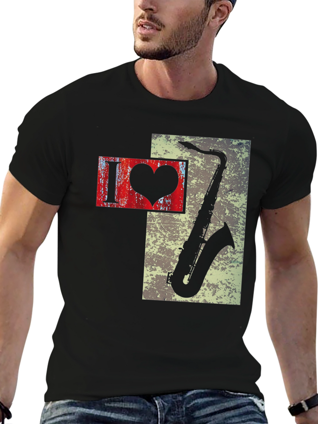 I Heart Saxophone Mens Black Graphic Tee