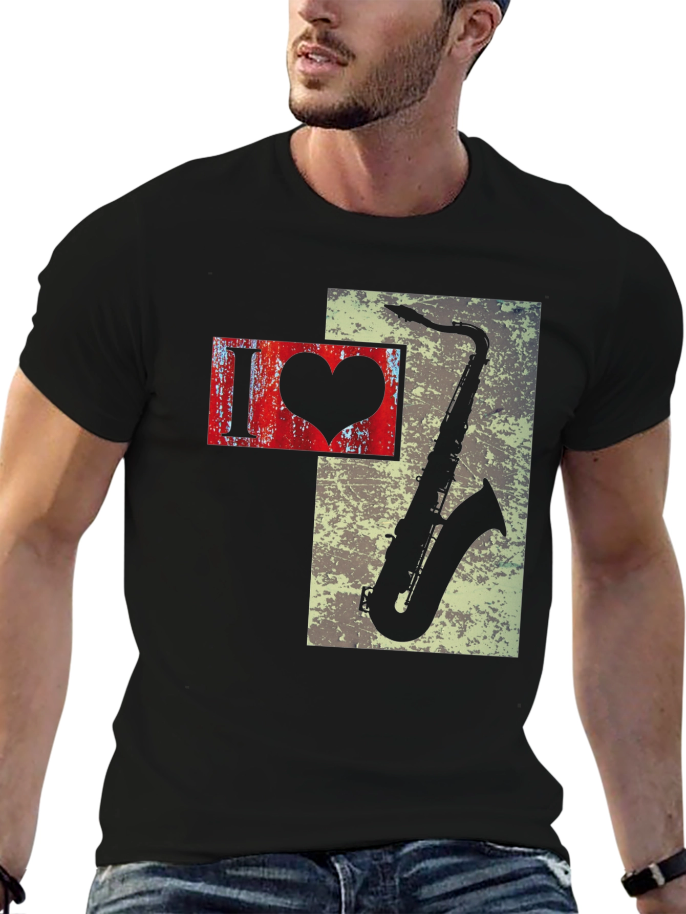 I Heart Saxophone Mens Black Graphic Tee