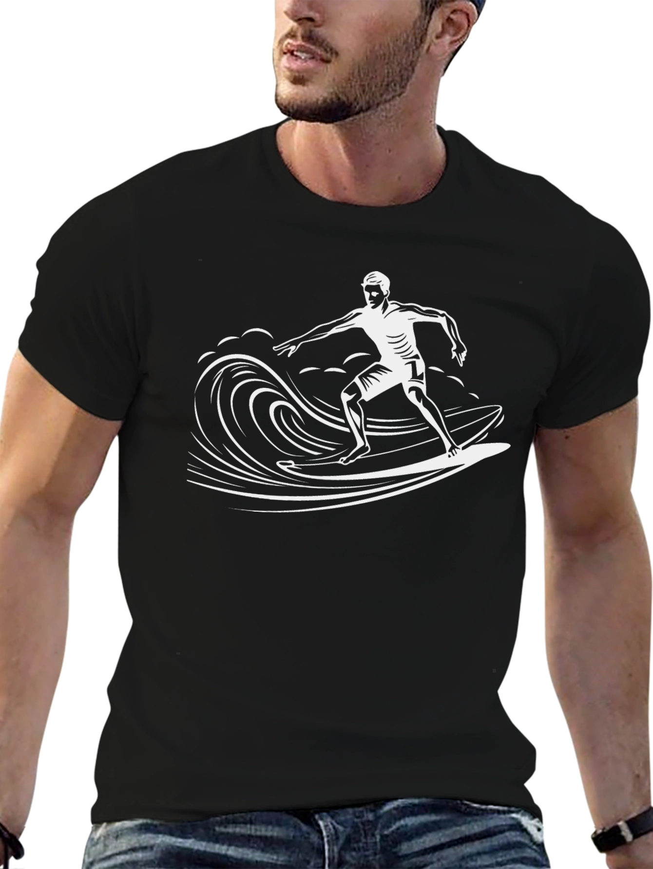 Surfer Wave Graphic Tee - Black Cotton T-Shirt