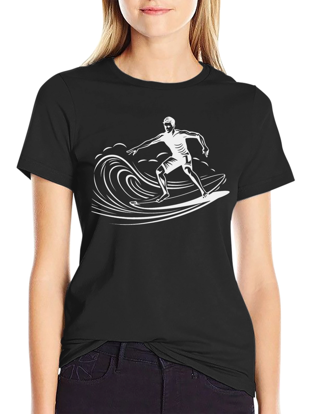 Surfer Wave Graphic Tee - Black Cotton T-Shirt
