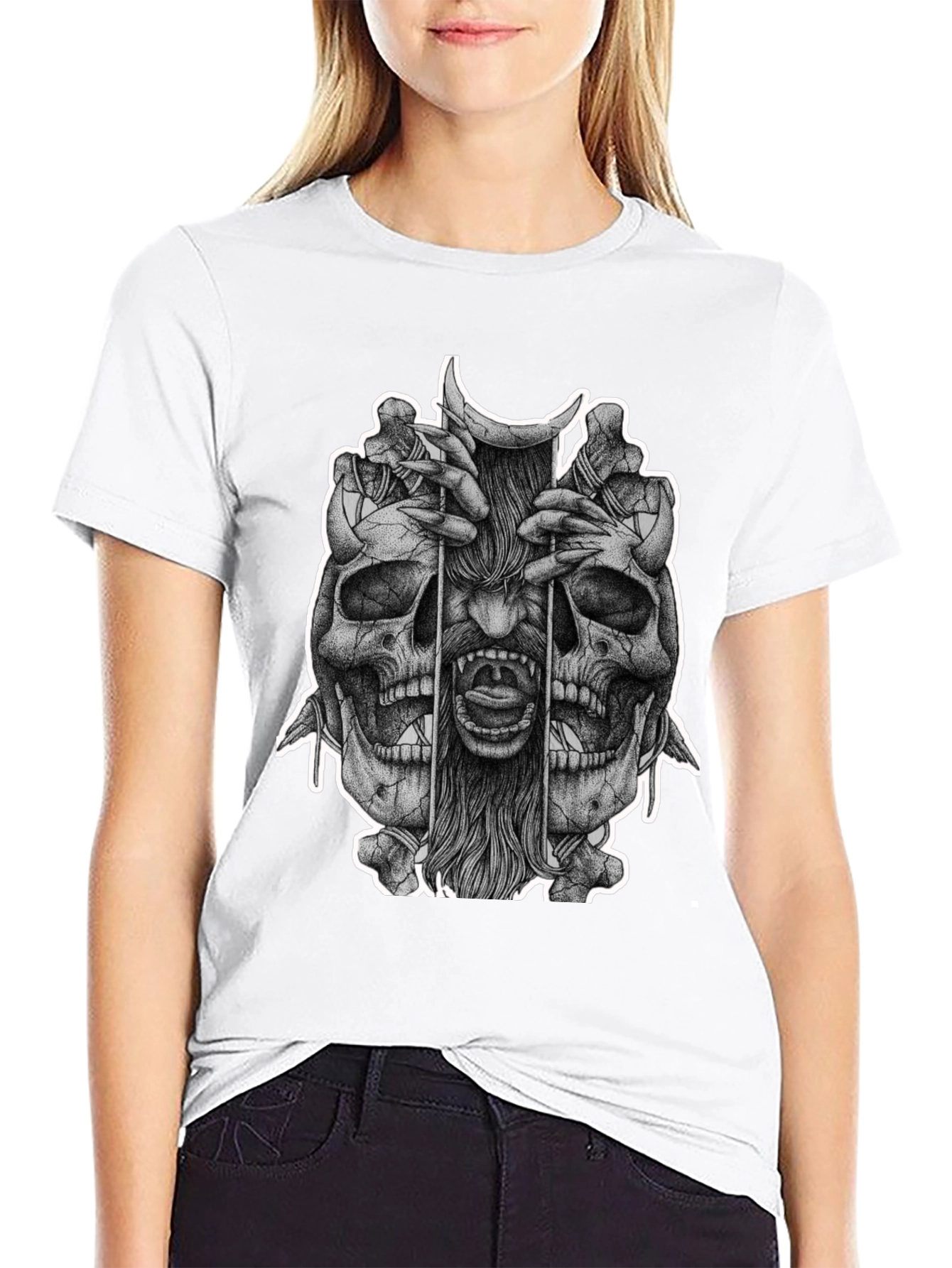 Skull & Demon Graphic Tee - Black Cotton T-Shirt