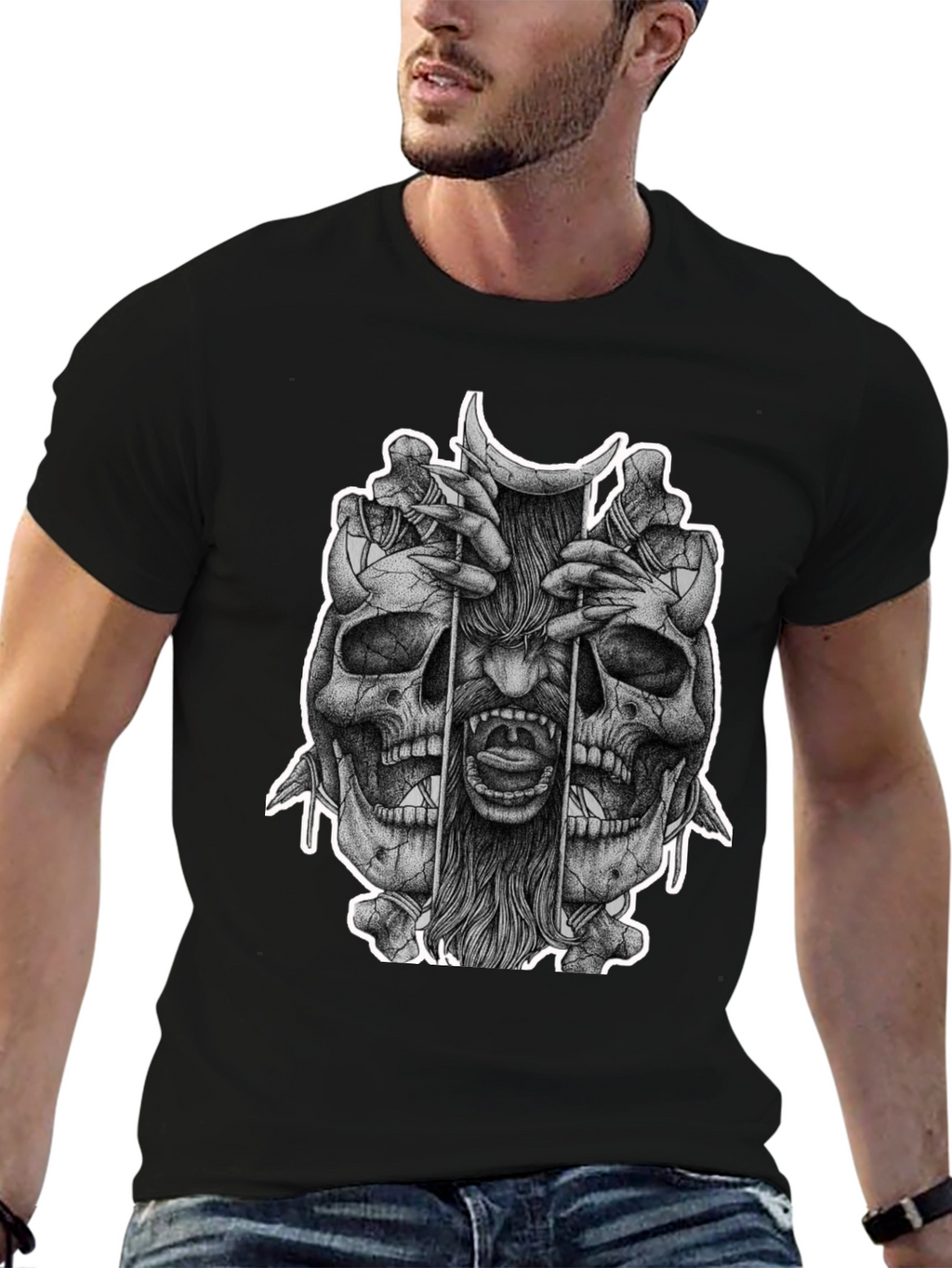 Skull & Demon Graphic Tee - Black Cotton T-Shirt