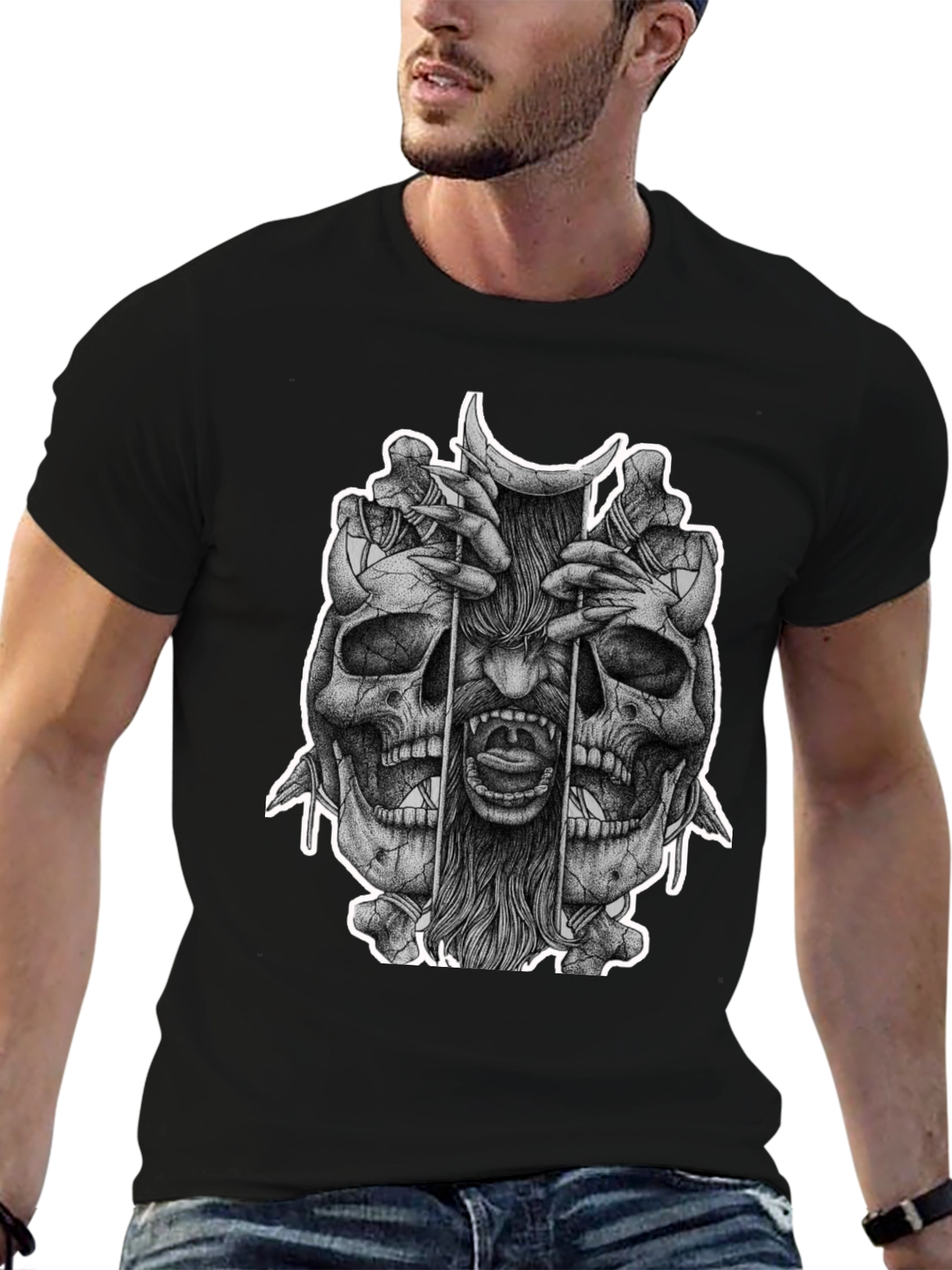 Skull & Demon Graphic Tee - Black Cotton T-Shirt