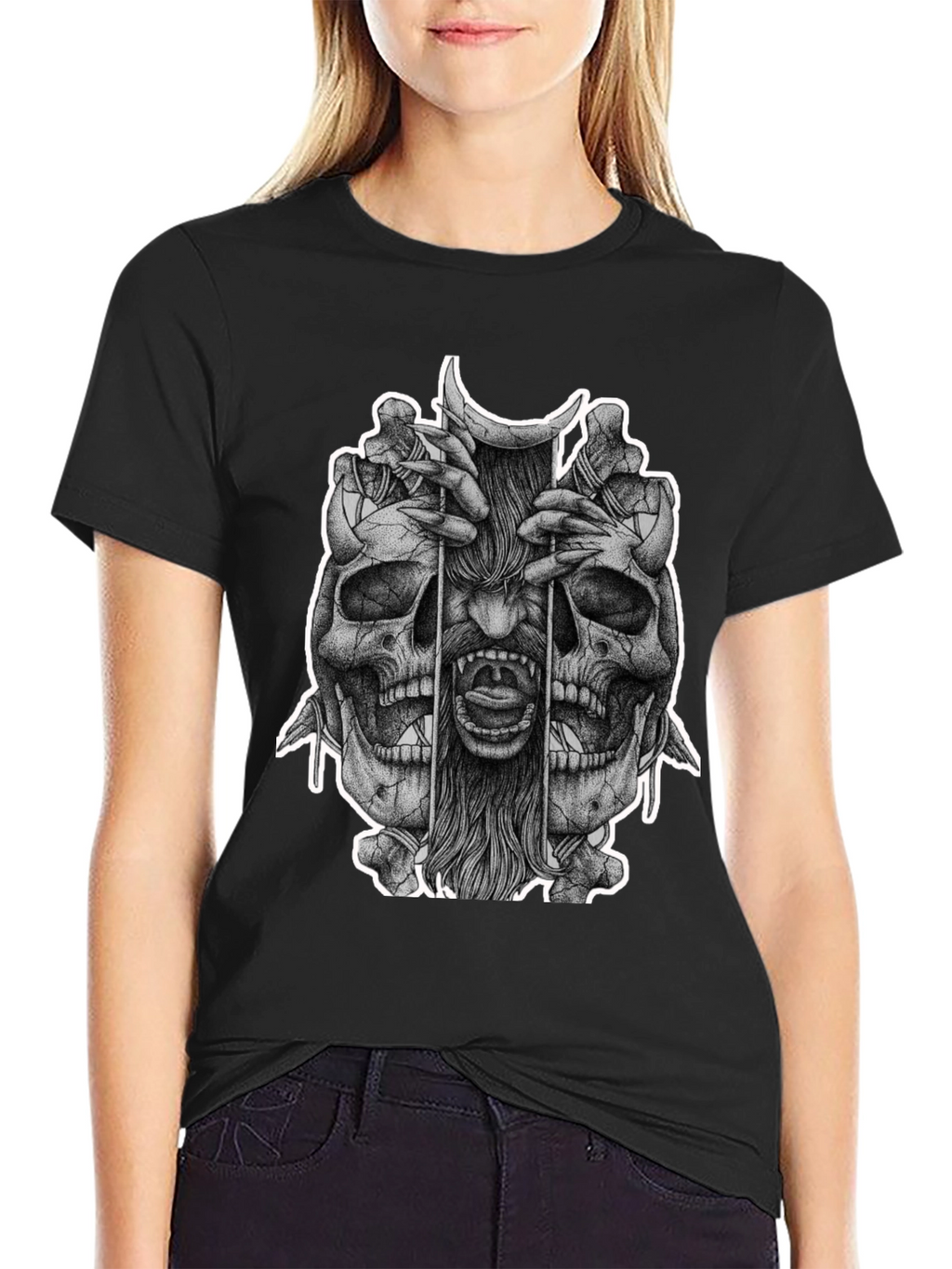 Skull & Demon Graphic Tee - Black Cotton T-Shirt